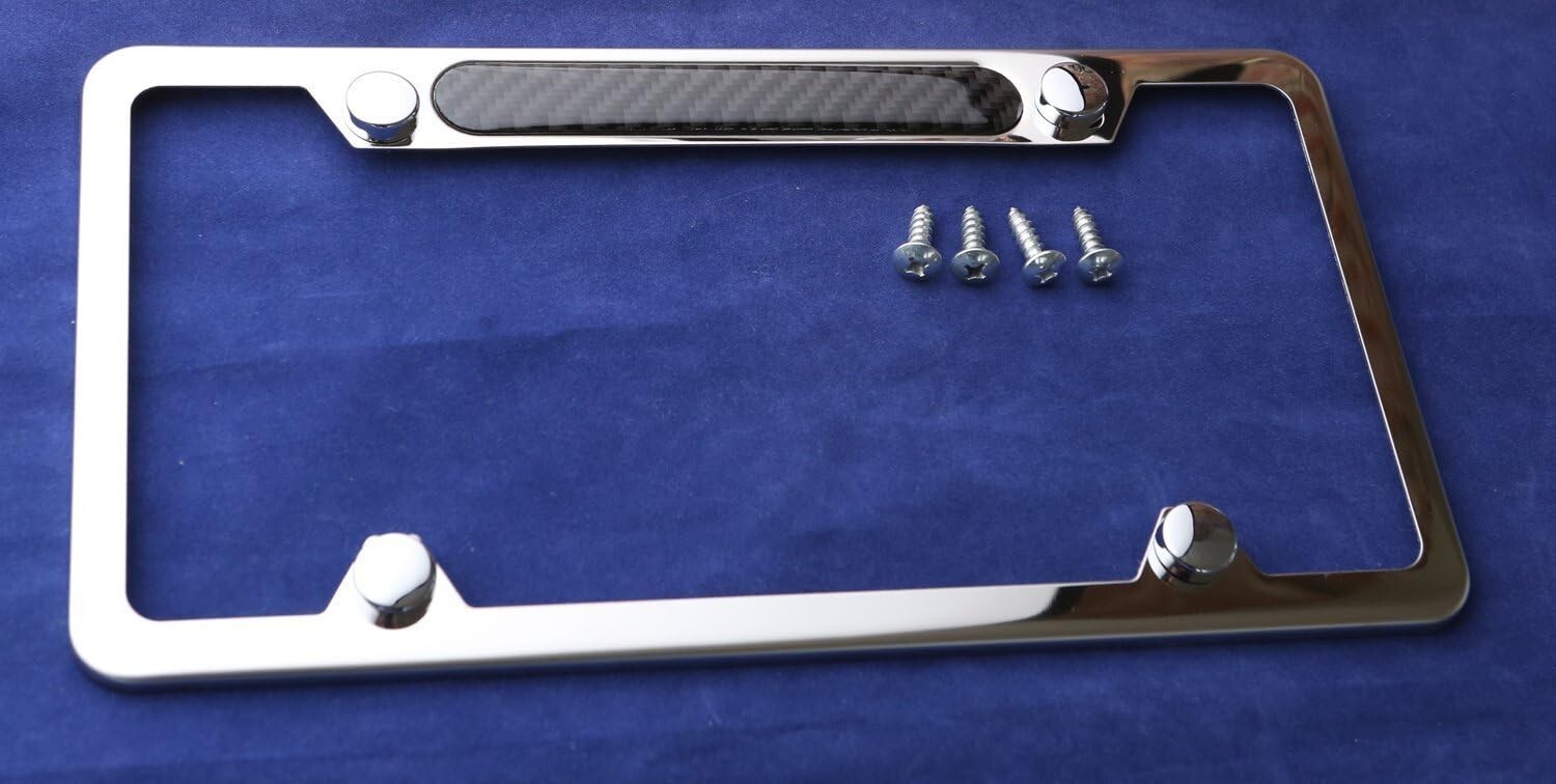 Mirror Chrome Stainless Steel License Plate Frame with Real Carbon Fiber Insert