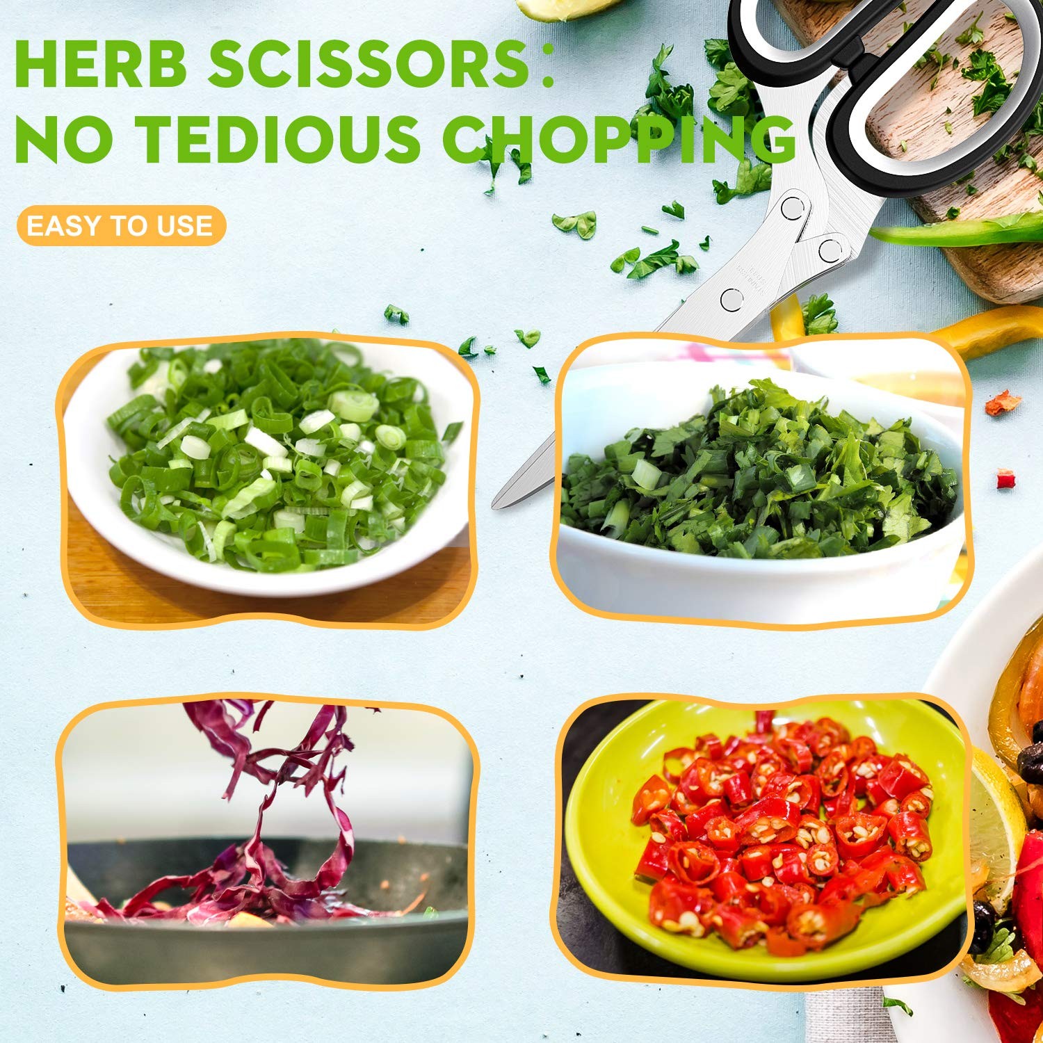 Herb Scissors with 5 Blades and Cover, Kitchen Herb Cutter with Cleaning Comb...