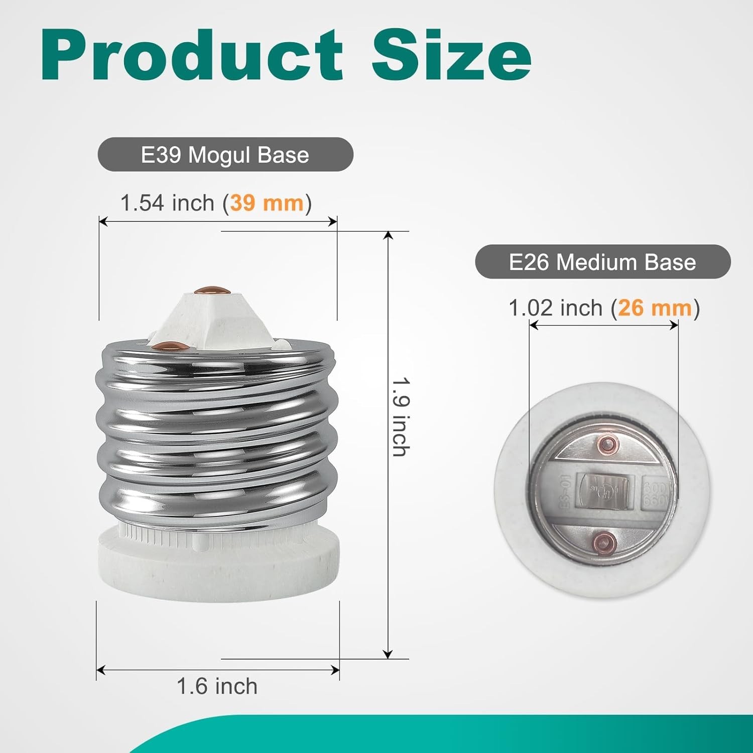 E39 to E26 Socket Converter, Ceramic Mogul E39 to Standard Medium E26 Light B...