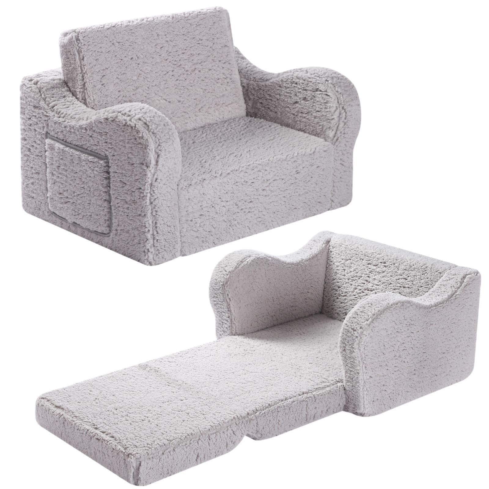 Kids Sofa, 2-in-1 Flip-Out Foam Couch with Soft Sherpa Cover, Cozy Play Loung...