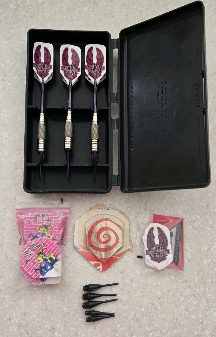 3 VTG Darts w/Farebrother London NU-PACK Case-Extra Flights-Harley Davidson