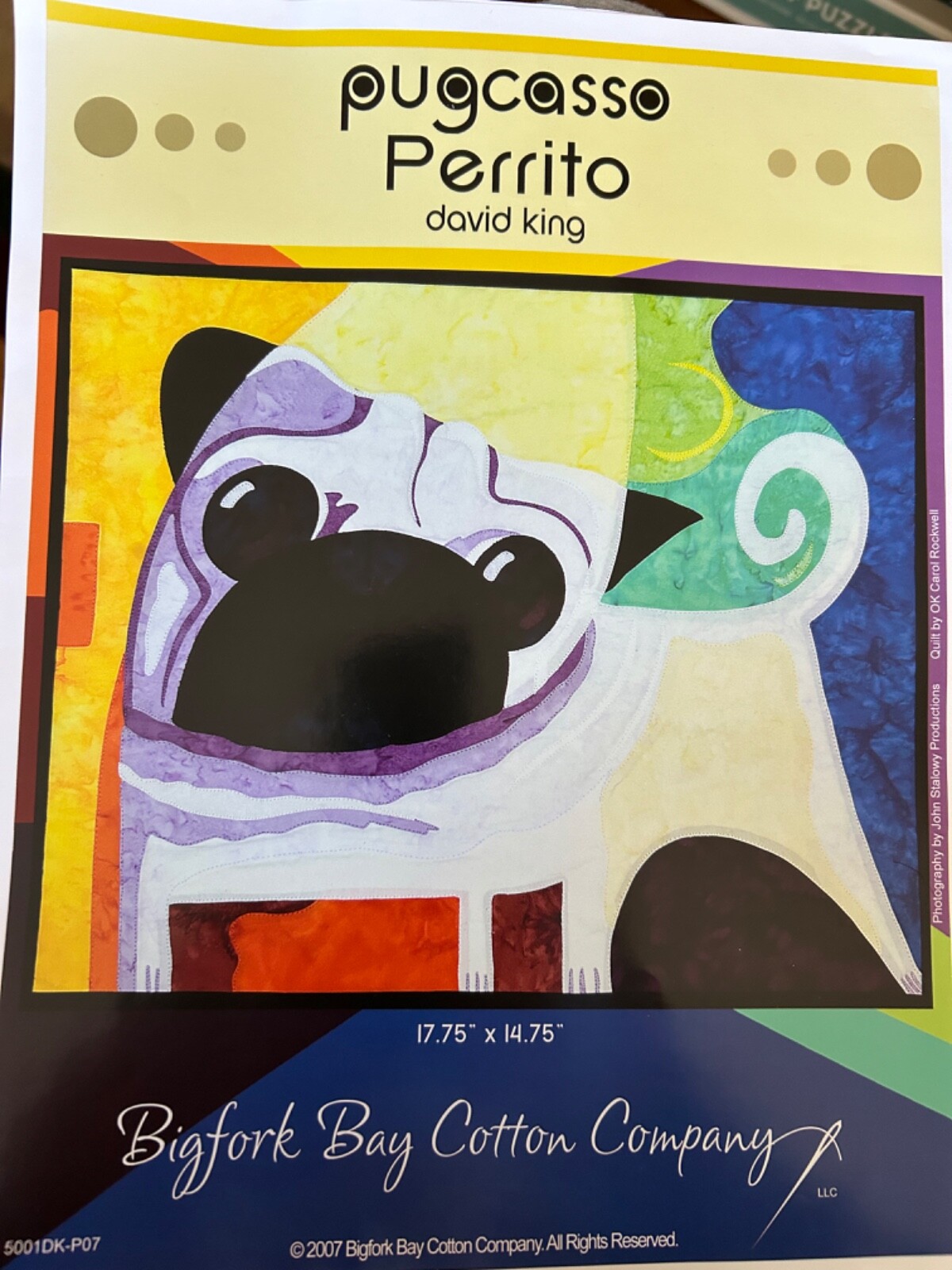 Pugcasso Perrito appliqué quilt pattern.   Size 17.75" x 14.75"