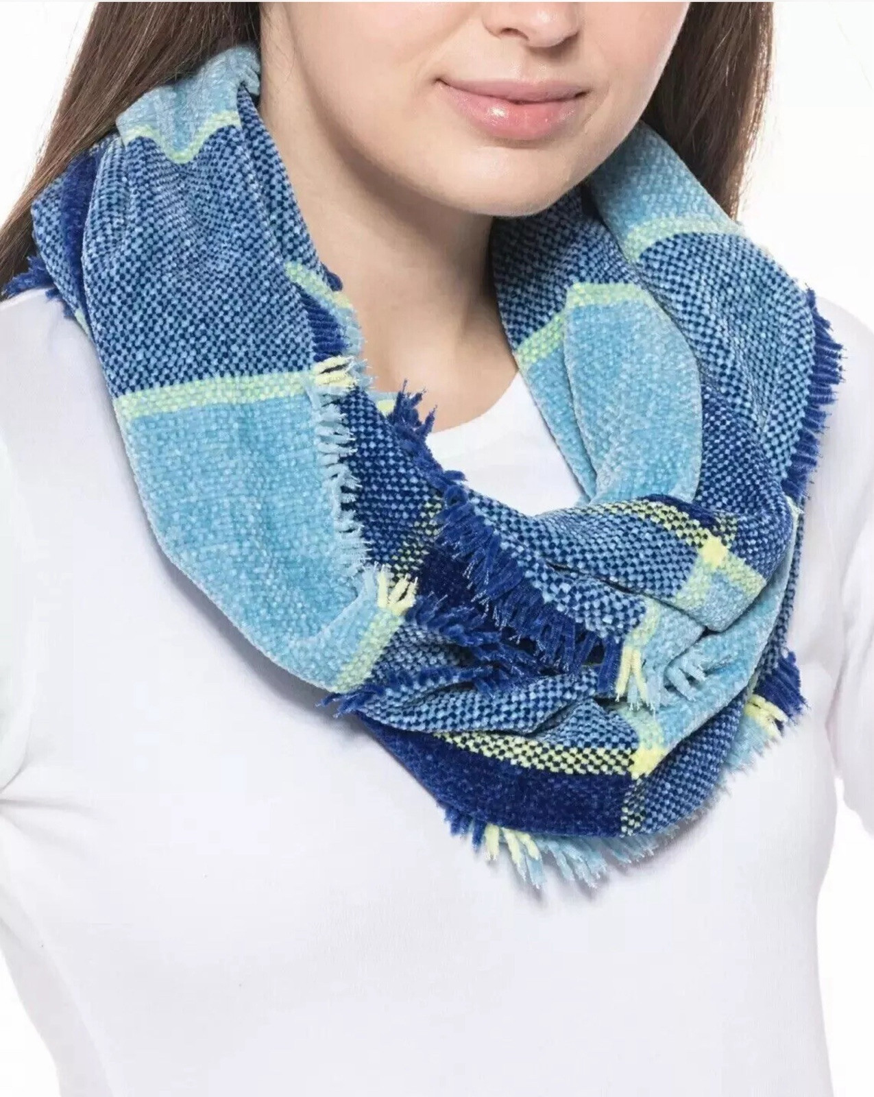 Charter Club Women's  Blue Multi Plaid Woven Chenille Loop Scarf, One Size