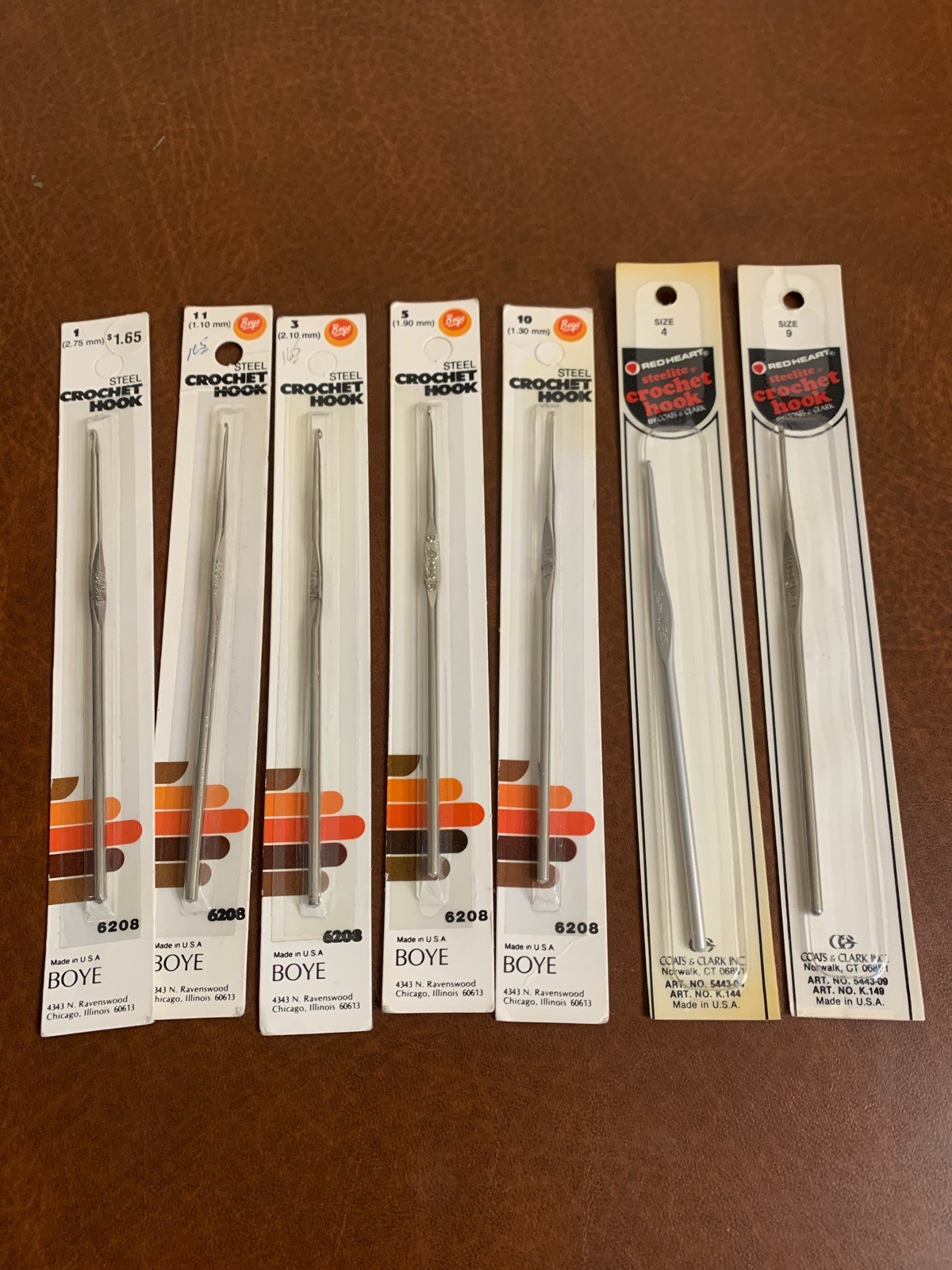 BOYE, Red Heart Lot of 7 Vintage Steel Crochet Hooks Made in USA NEW size 1-10