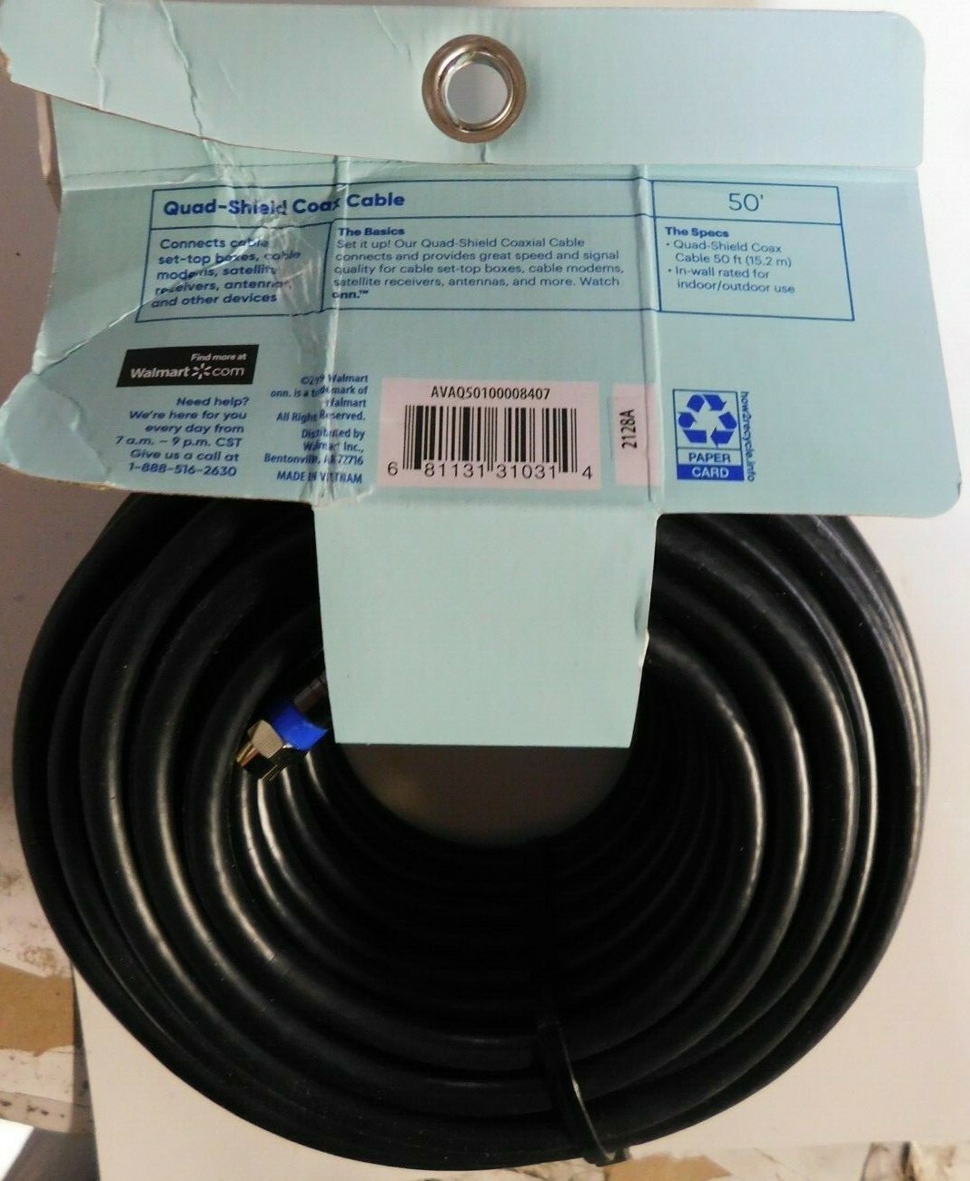 onn Quadshield Coax Cable 50ft Black