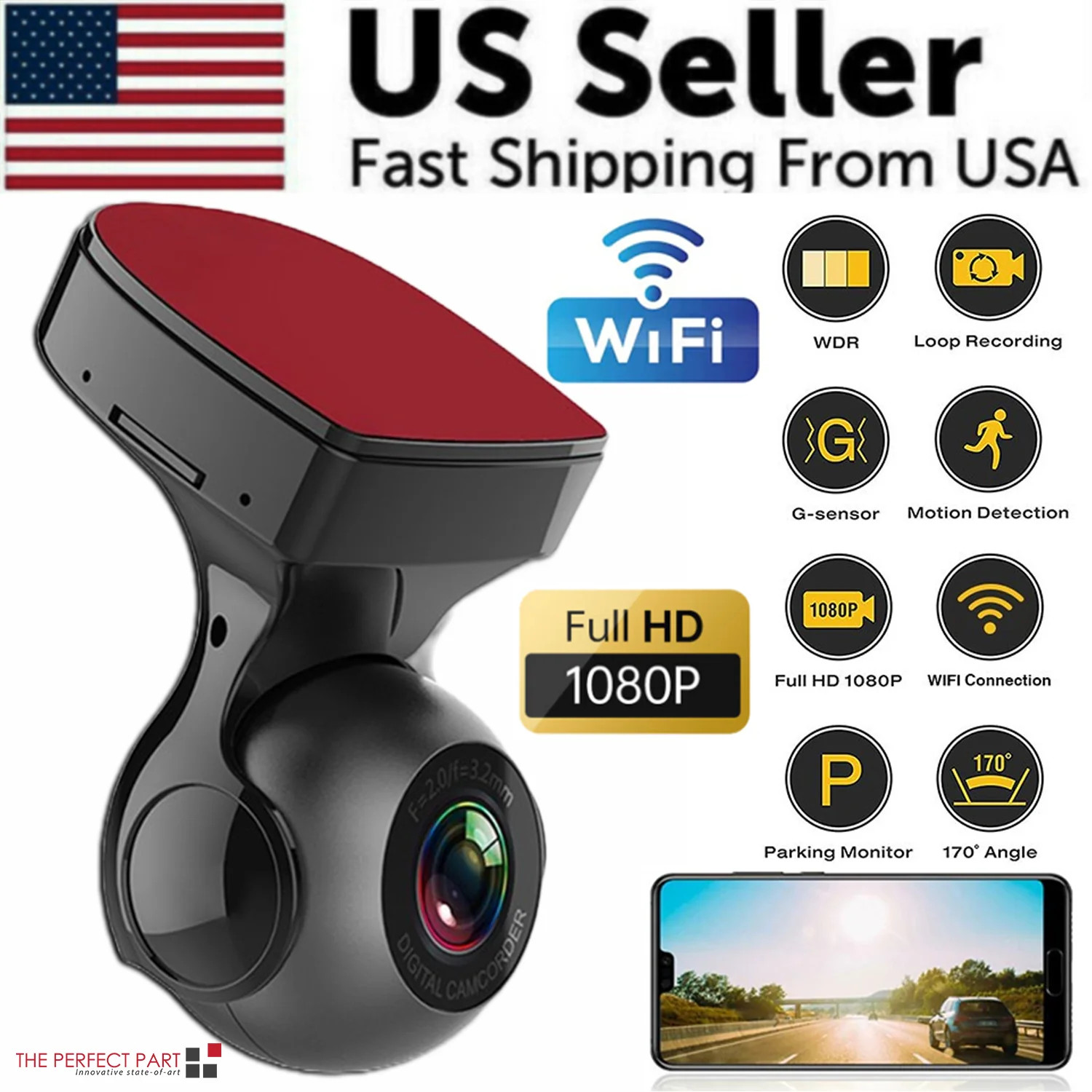 170° WiFi Dash Cam 1080P Car Camera with G-Sensor & Loop Recording