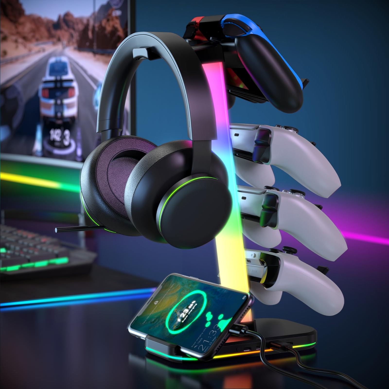 Gaming Headphones Stand Charging Station RGB Headset 1 USB 2 TypeC Ports