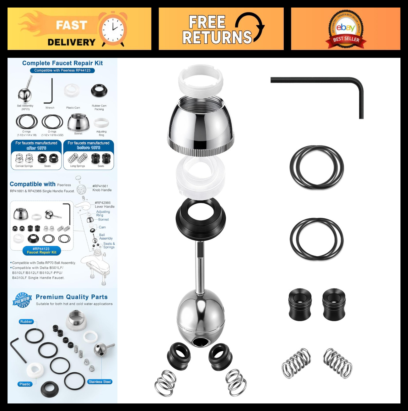 Faucet Repair Kit for Delta Shower Valve, Includes Ball, Seats, Springs & More