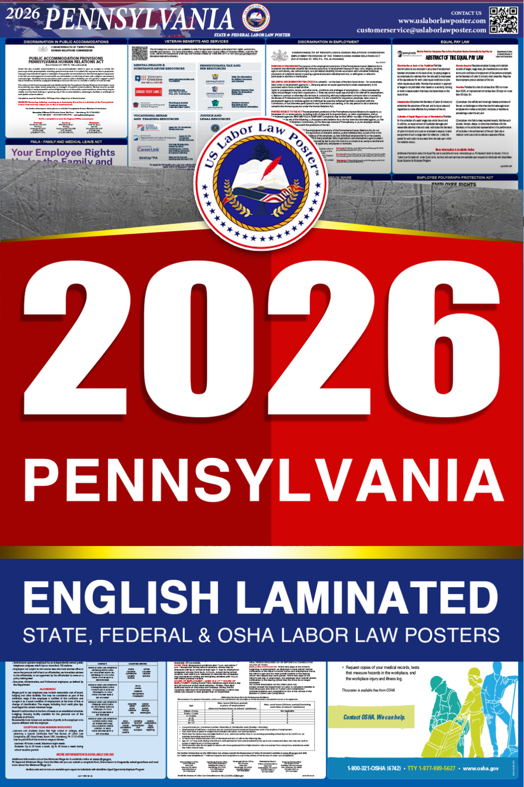 2026 Pennsylvania PA LABOR LAW POSTER (Federal & State) English Laminated