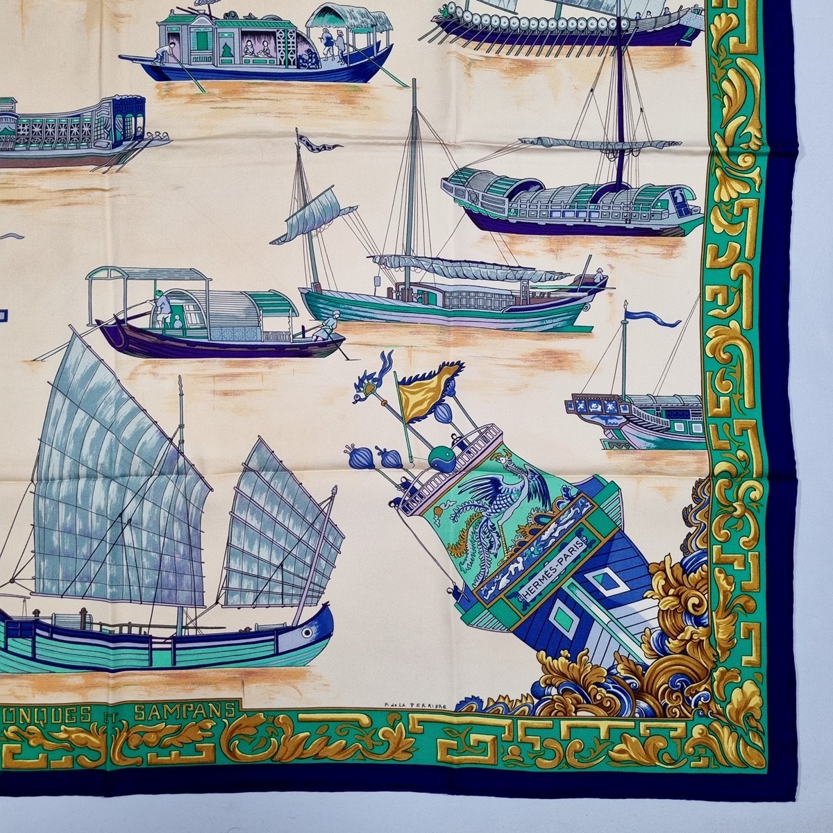 RARE VINTAGE HERMES Silk Scarf "Junques et Sampans" Carre 90