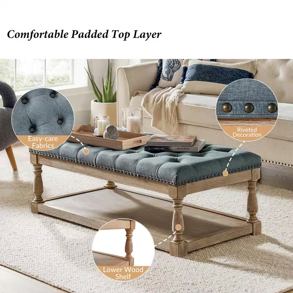 Jakob Blue Upholstered Storage Ottoman with Solid Wood Legs