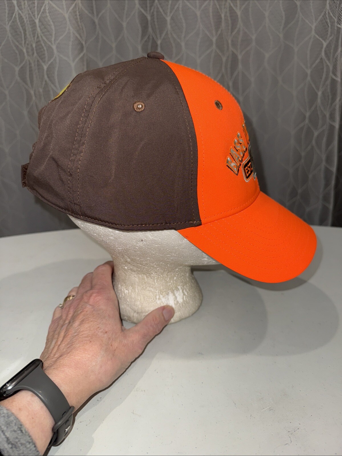 Bass Pro Shops Fluorescent Orange Front w Brown Hat Cap Hook Loop Poly Spandex