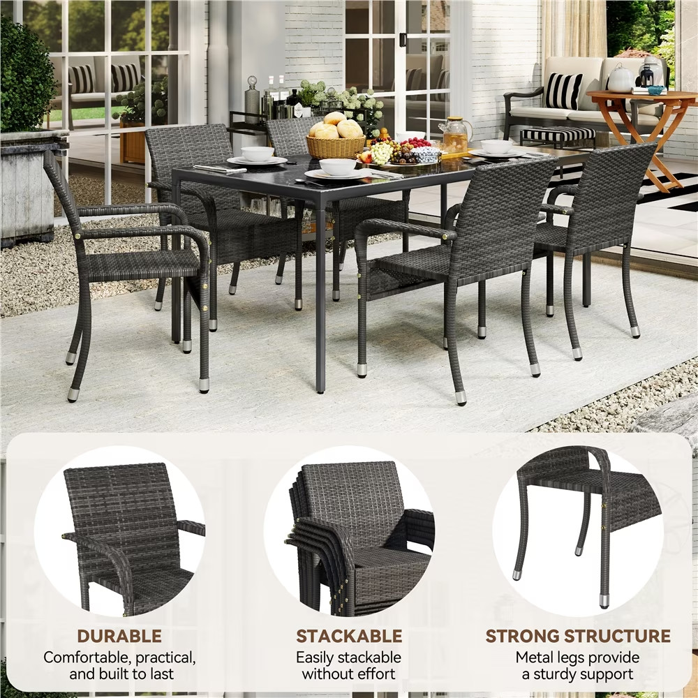 Outdoor PE Rattan Chair with Armrests and Adjustable Footpads, Set of 2, Gray