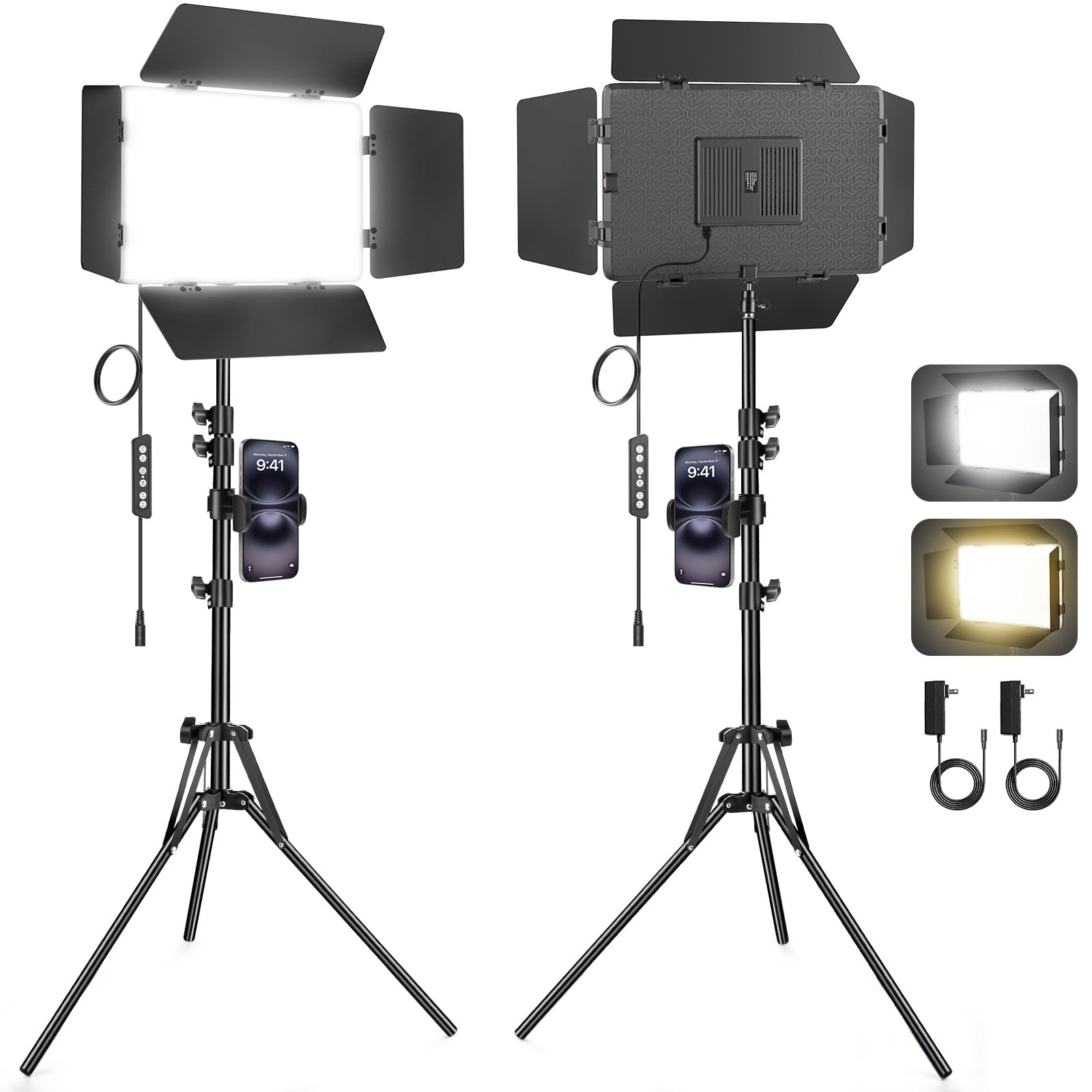 2 Pack LED Video Light Kit with Barndoor, 30W Photography Lighting with Tripod S