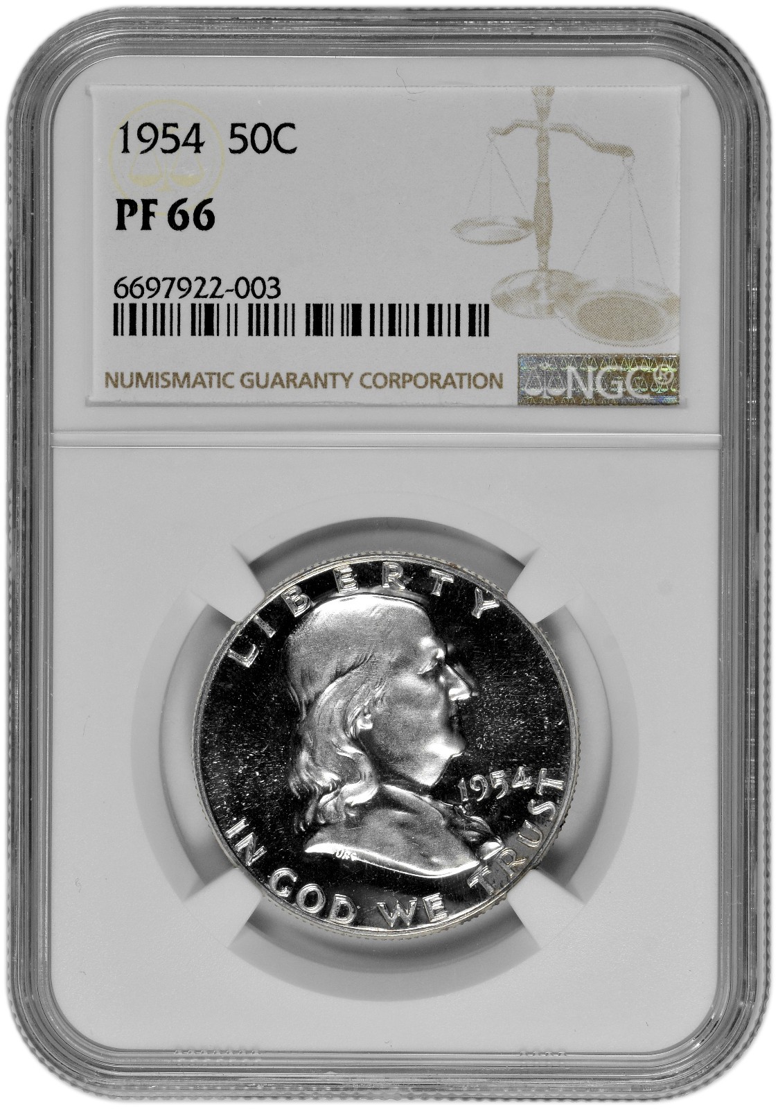 1954 50C Proof Silver Franklin Half Dollar NGC Graded PF 66 in Light Cameo White