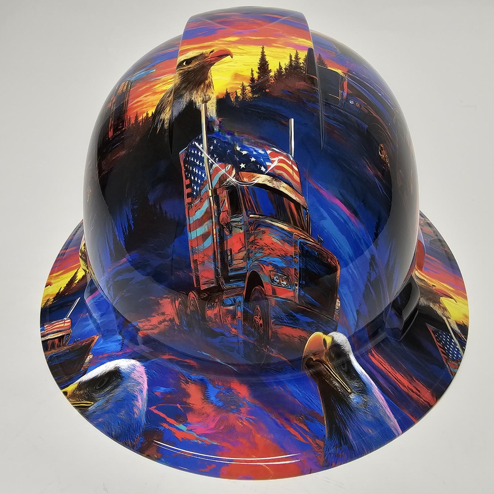 full brim hard hat custom hydro dipped IN AMERICAN TRUCKER WHITE LINE FEVER