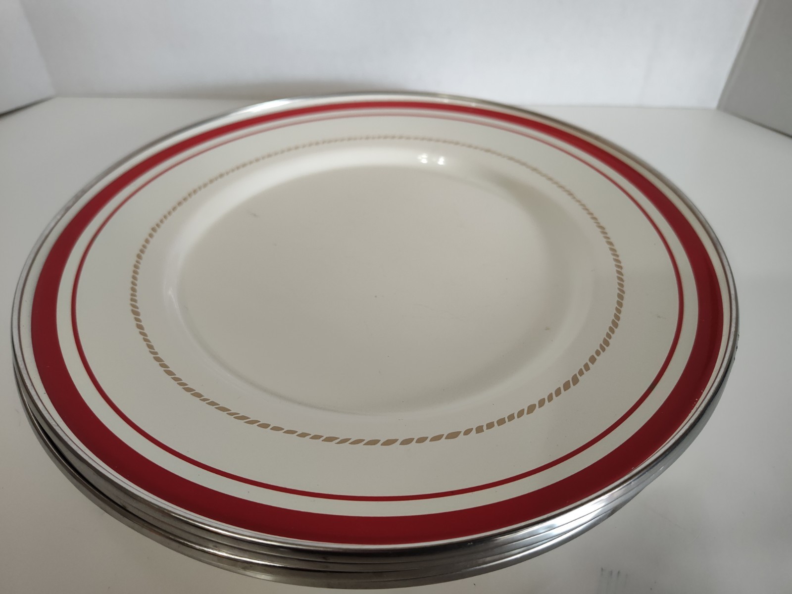 NEW American Picnic Set of 4 Red Band Metal Enamelware 11" Plates Camping Picnic