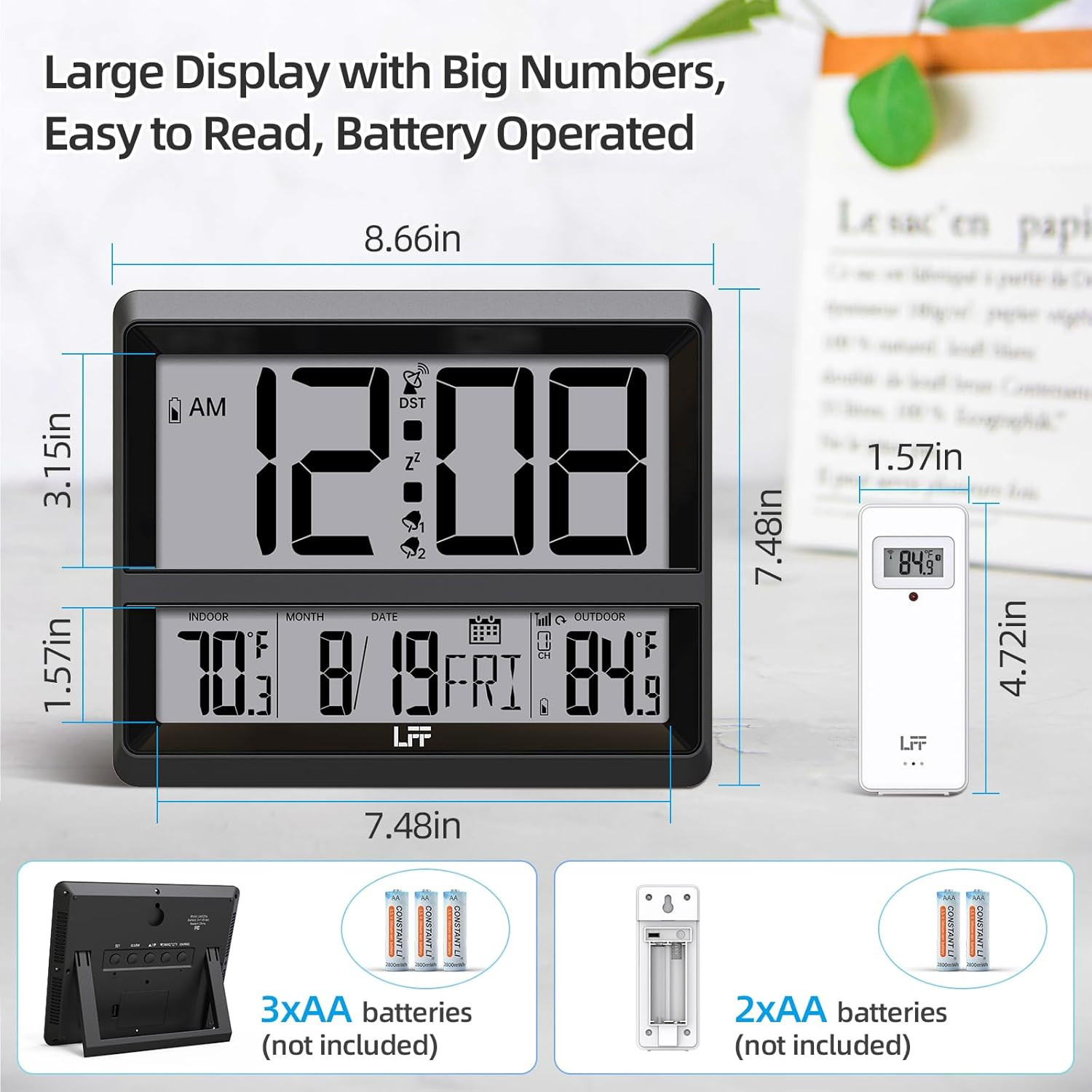 Atomic Clock Large Display, Digital Wall Clock with Indoor Outdoor Temperature a