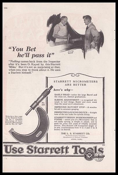 1924 Starrett Tools Micrometer No. 226 print AD “You Bet He’ll Pass It”