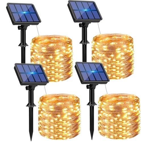 Solar String Lights Outdoor - Total 132FT 320LED Solar Fairy 4 Pack Warm White