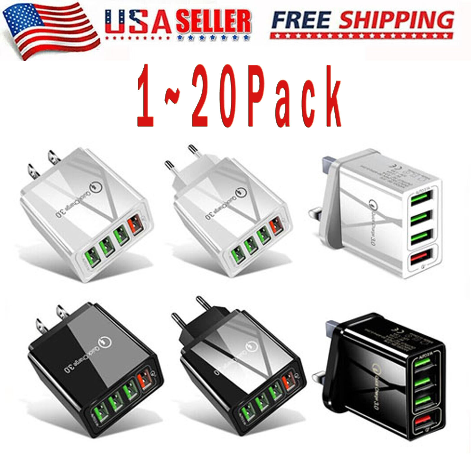 US 4 Port Fast Quick Charge QC 3.0 USB Hub Wall Home Charger Power Adapter Lot