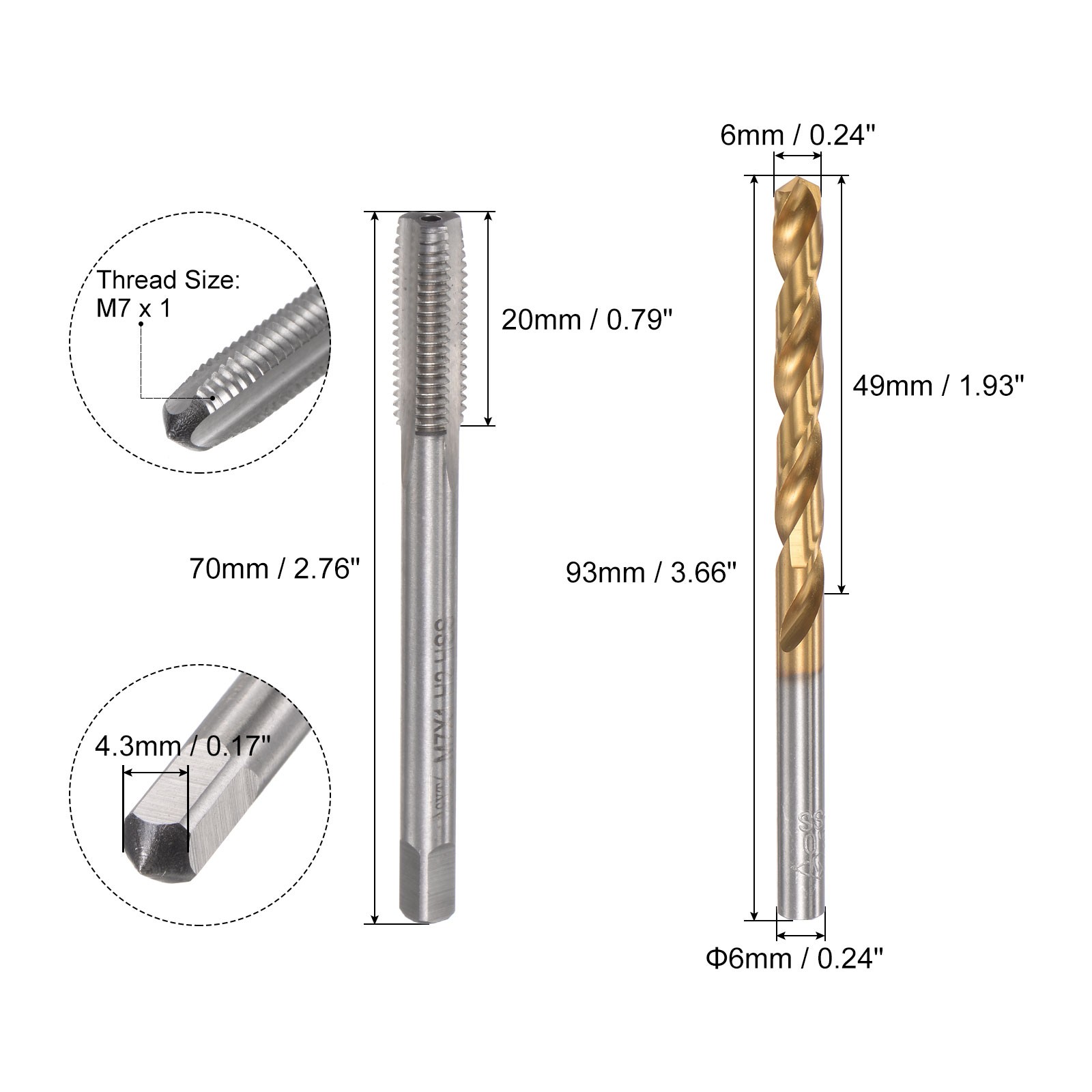 M7x1 Straight Flute Tap 6.0mm Drill Bit High Speed Steel Titanium Plated