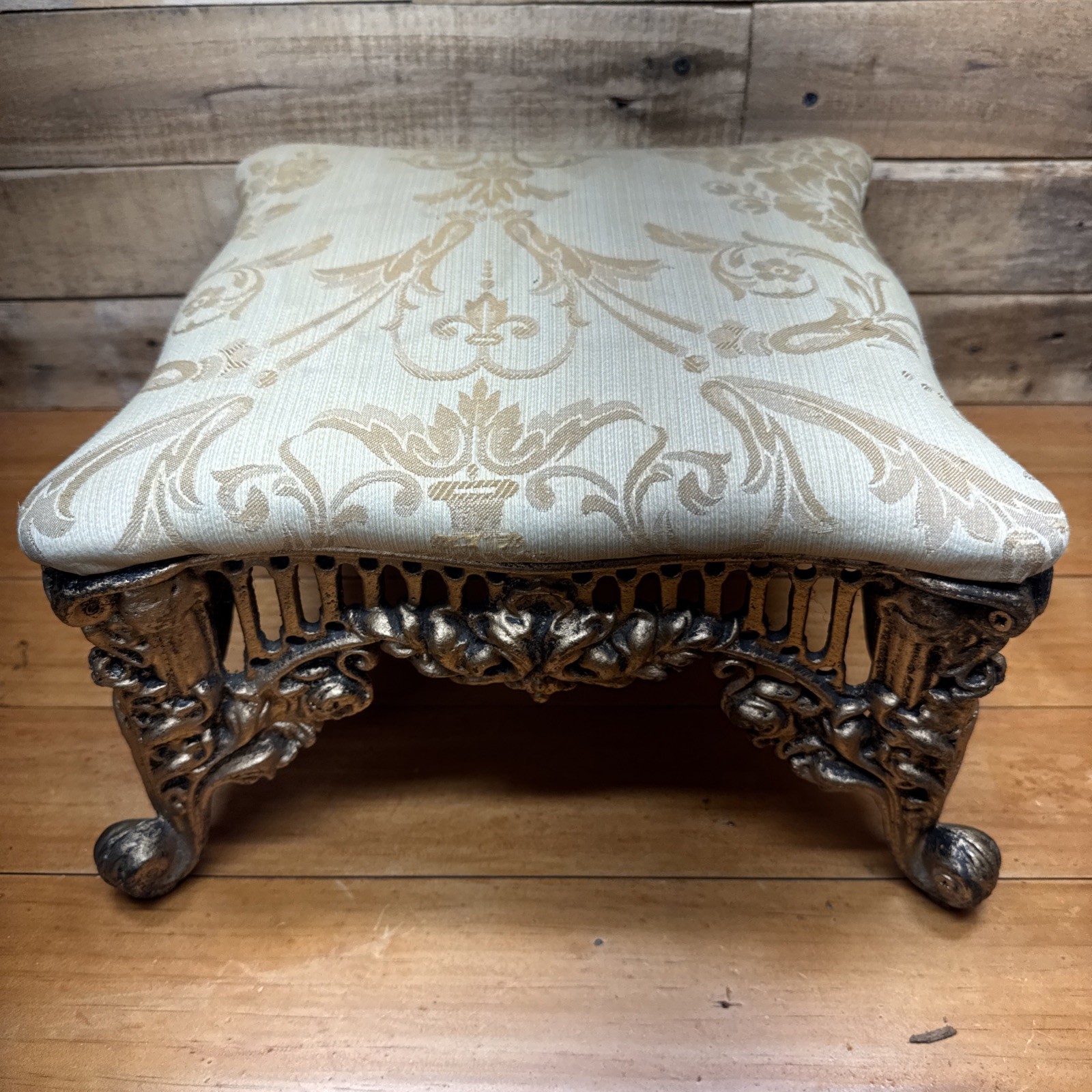 Cast Iron Victorian Footstool Antique Gold Gilt Fabric 12.5" Square 7.5" Tall