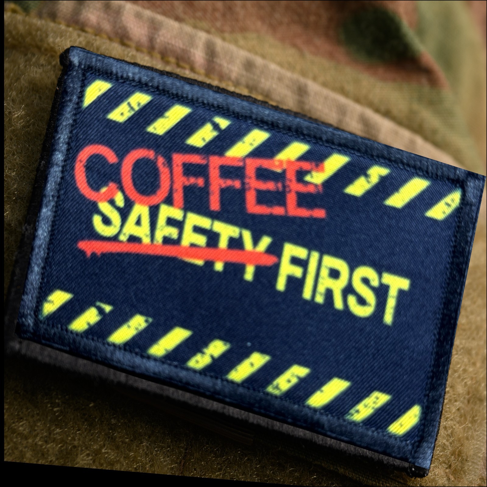 Coffee First Funny Morale Patch 2x3 Hook Loop Safety Sign Parody USA