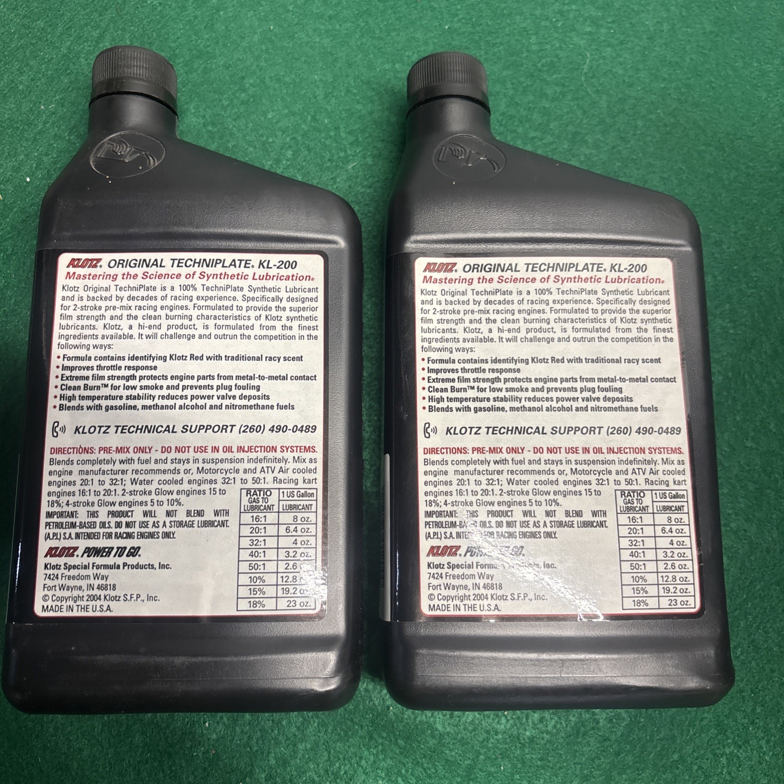 Lot of (2) N.O.S. Klotz Original Techniplate 1 Quart KL-200 PRE-MIX for Racing