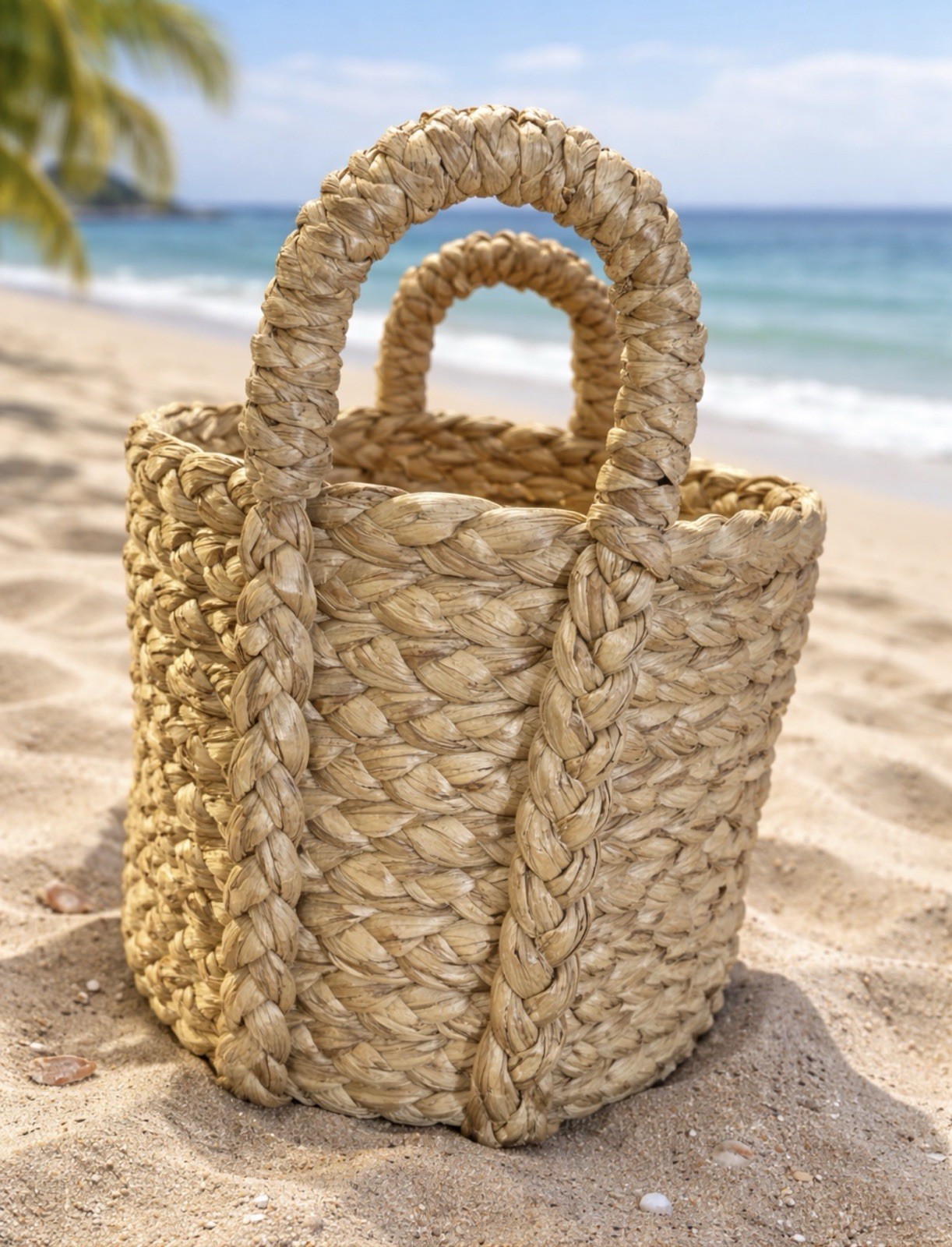 Pottery Barn Handwoven Large Beachcomber Tote Round Handled Basket Natural *