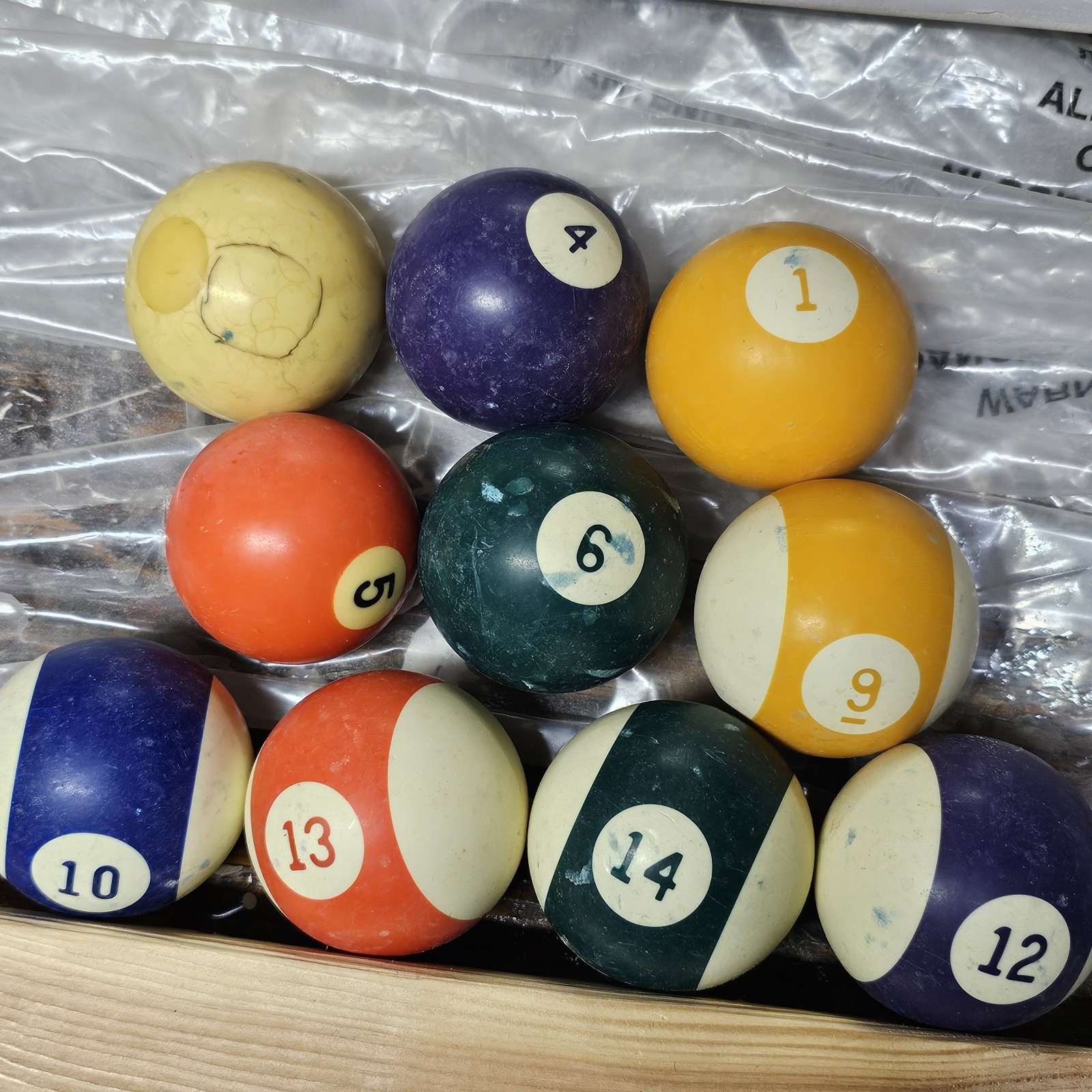 Vintage Pool Balls Lot – Spotted Cue Ball, #1 #4 #5 #6 #9 #10 #12 #13 #14