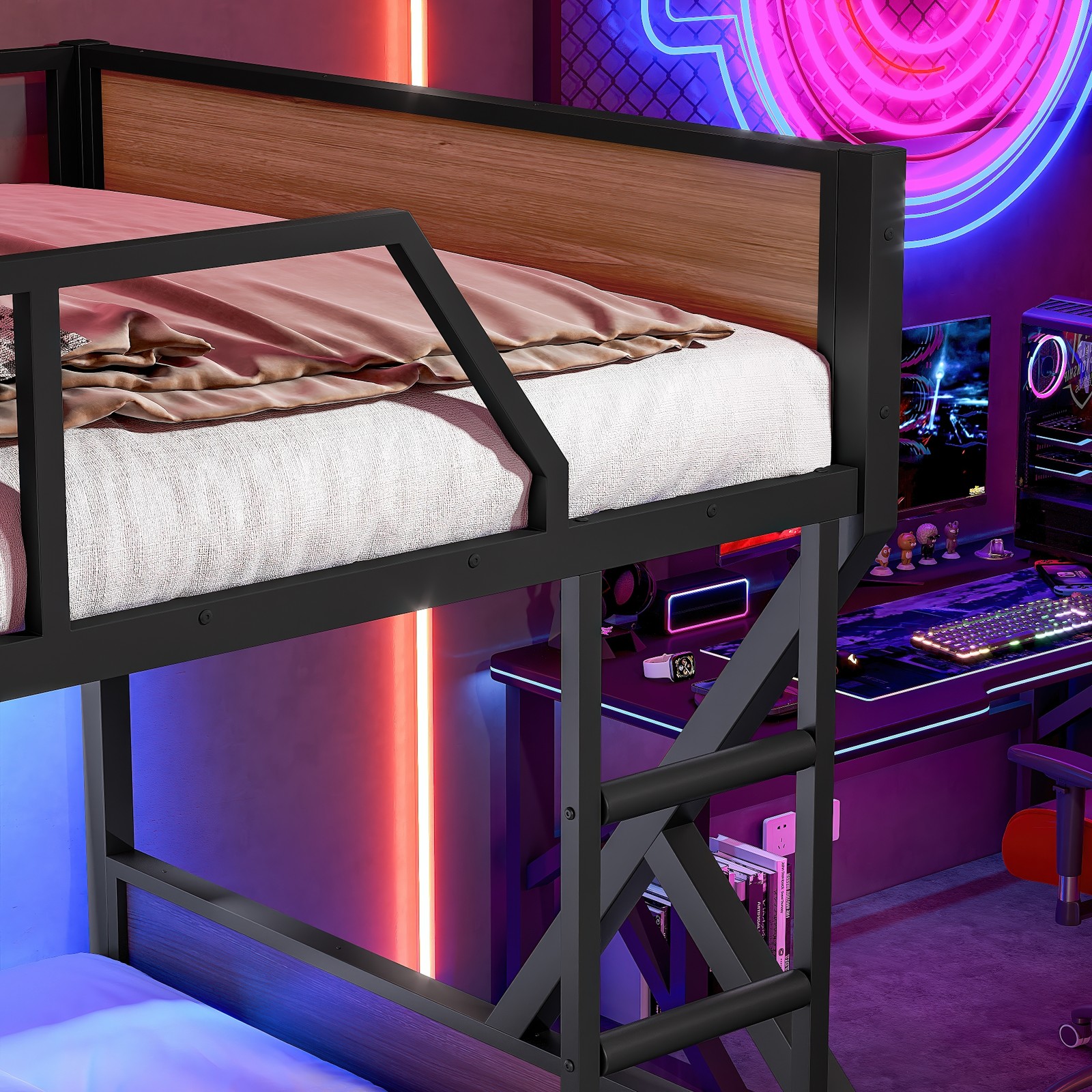 Metal Full over Full Bunk Bed with Storage Shelves Lights Space-saving Black New