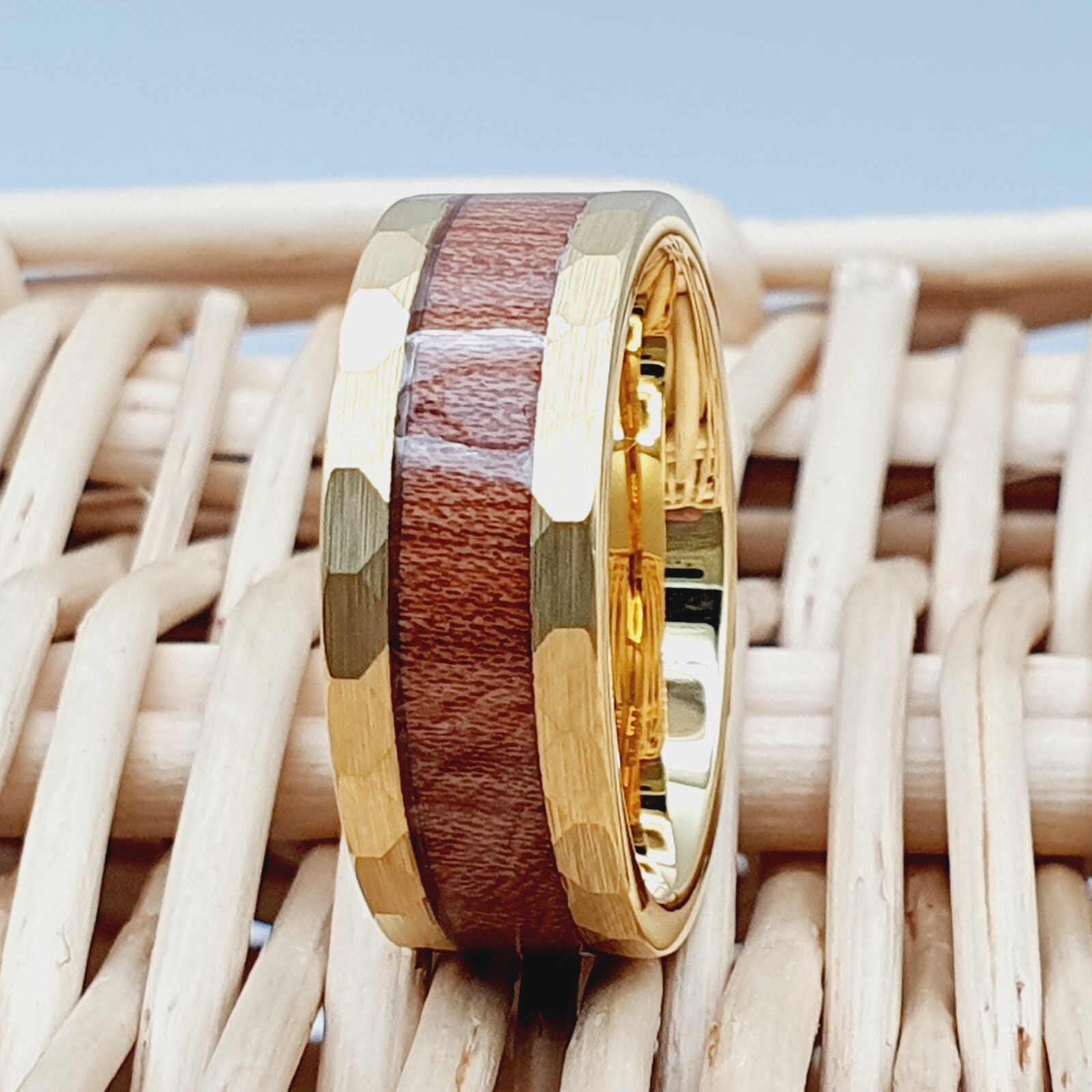 Hammered Pipe Cut Gold Tungsten Wedding Ring Hawaiian Koa Wood Inlay Couple Band