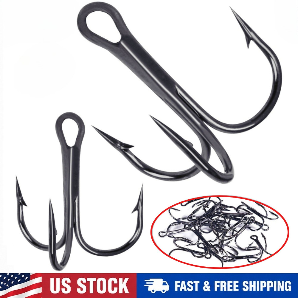 100Pcs Black Strong High Carbon Steel Treble Hooks Fishing Triple Lures Hooks