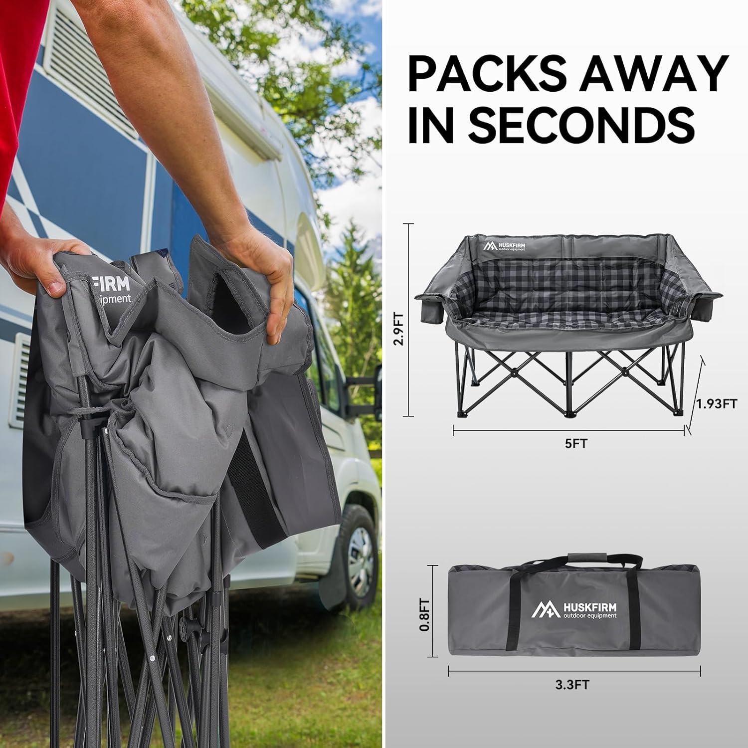 Oversized Double Camping Chair with Cup Holders and Carry Bag, Grey