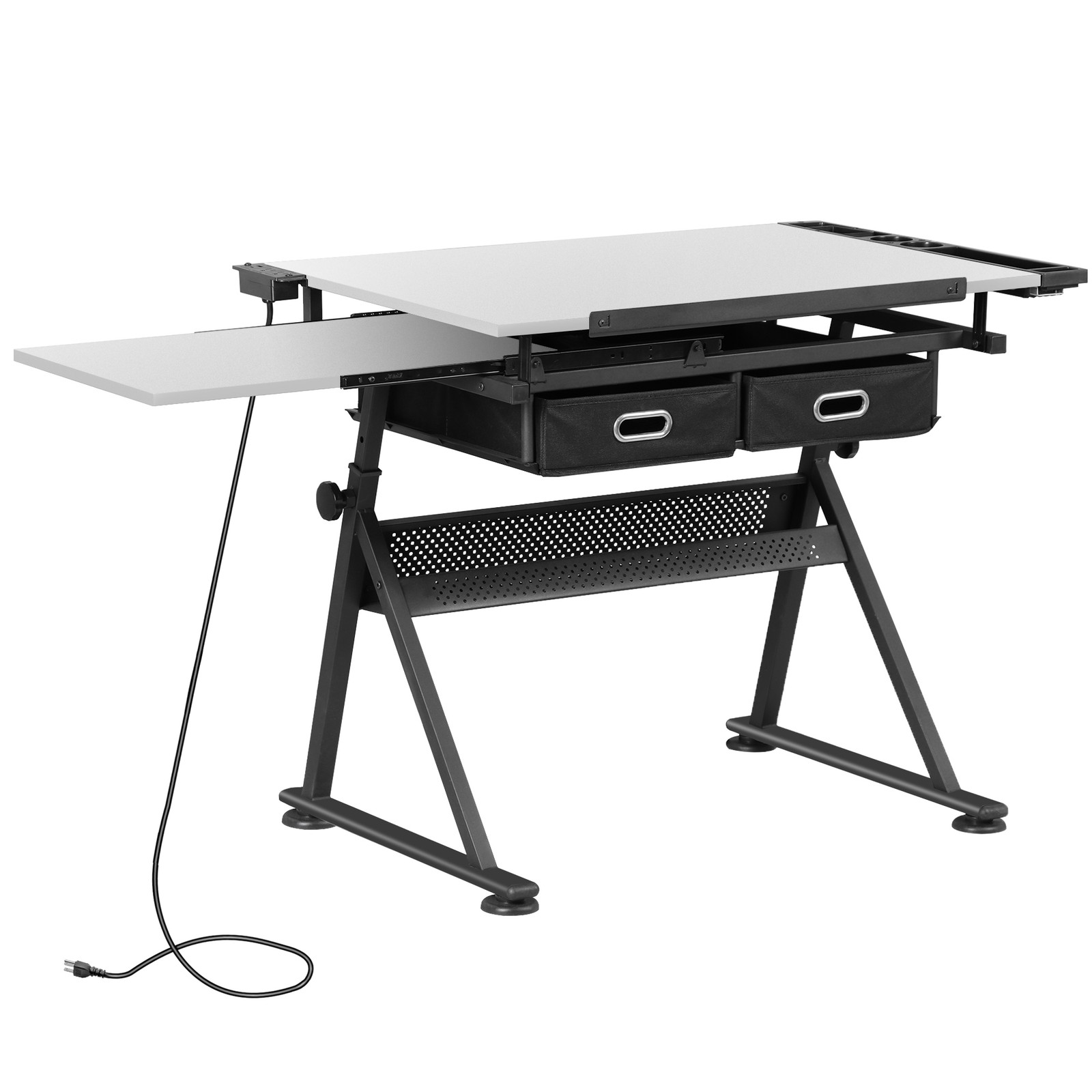 Adjustable Drafting Drawing Table Tabletop Tiltable w/ Stool & Outlet White