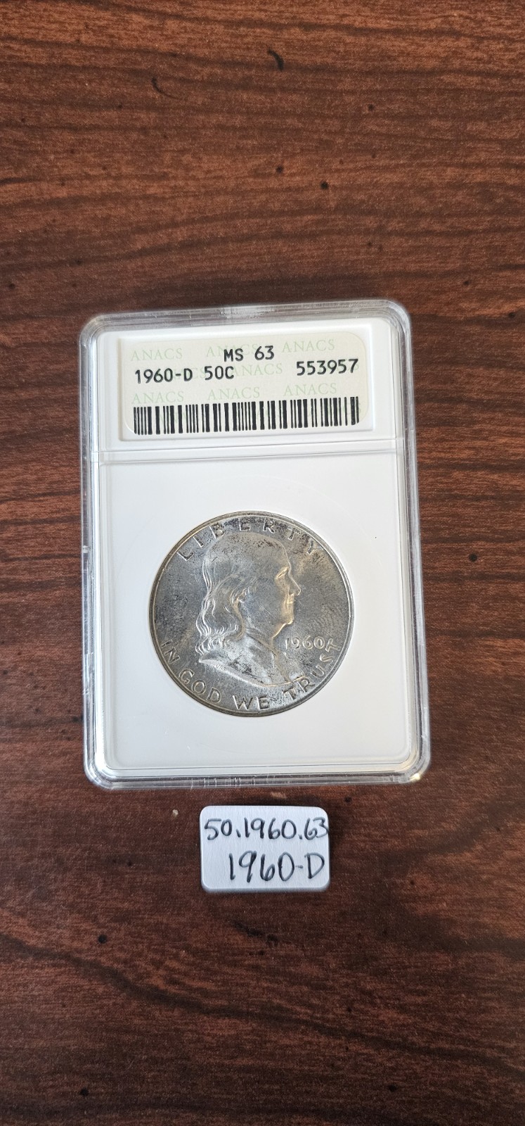 1960-D Franklin Half Dollar ANACS MS63 Vintage Soap Box Holder, Brilliant Luster