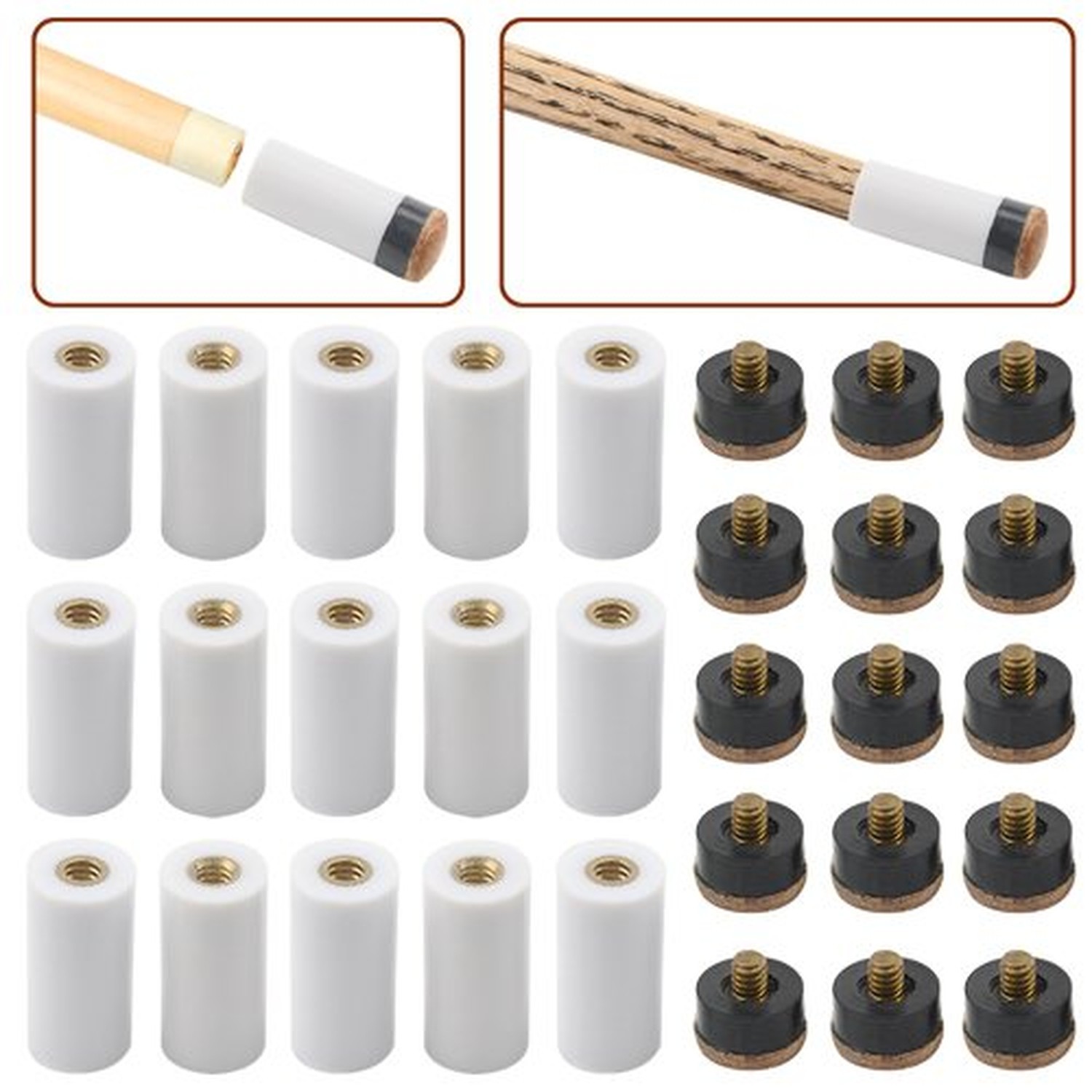 15 Set(30pcs) Billiard Cue White Ferrules with Screw-on Replaceable Cue Tips ...