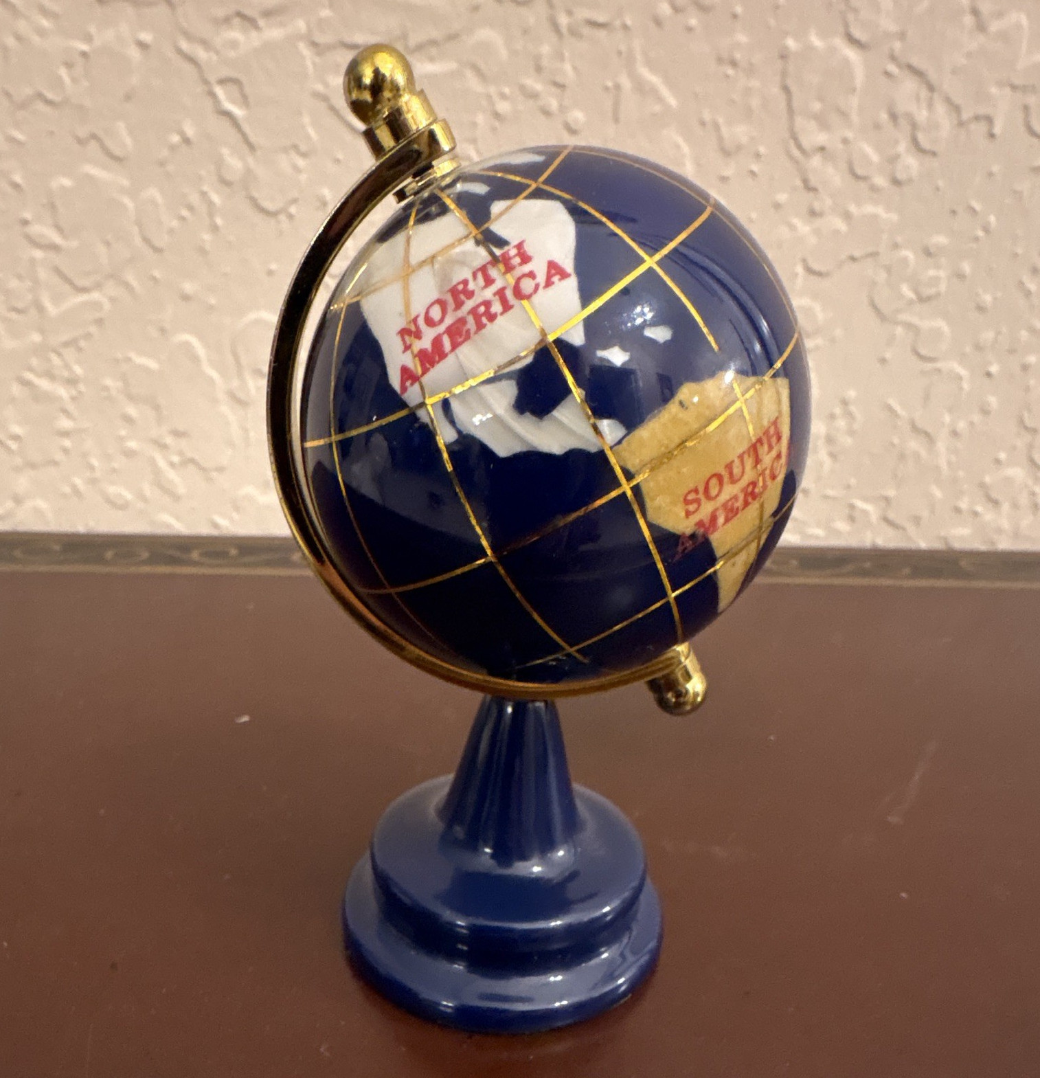 Small Lapis Blue & Gold Crushed Lazuli World Globe, Blue Rotating Stone Base