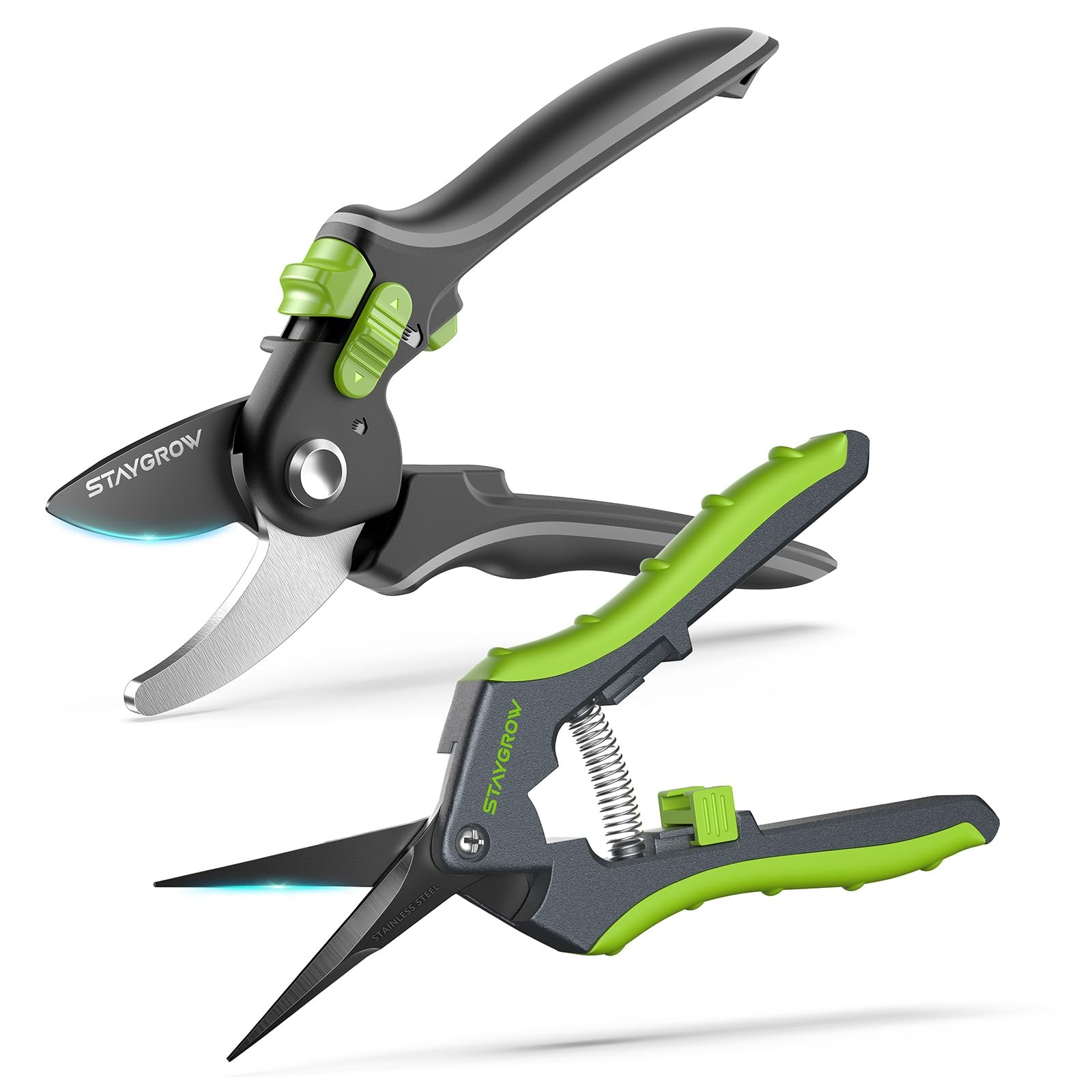 STAYGROW Garden Shears Set: 8.5" Bypass Pruning & 6.5", Green & Black