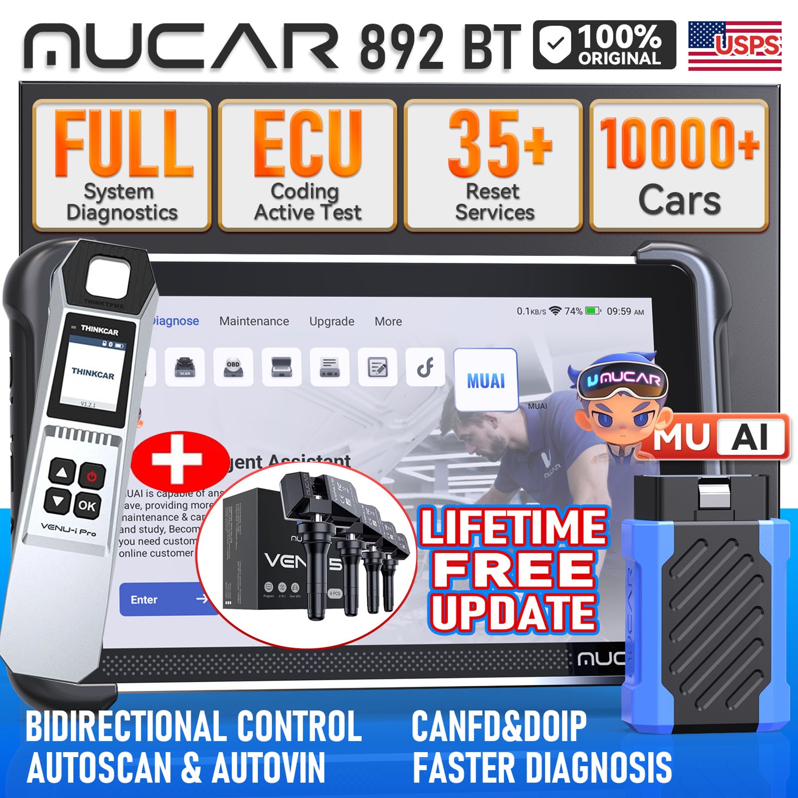 MUCAR 892BT AI-Assisted OBD2 Scanner All System TPMS Diagnostic Tool Free Update