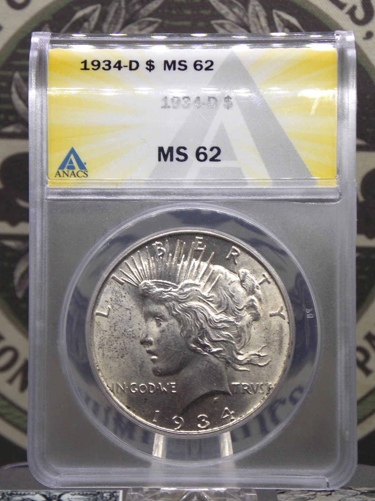 1934 "D" Peace SILVER Dollar $1 ANACS MS62 #547 Unc Uncirculated ECC&C, Inc.