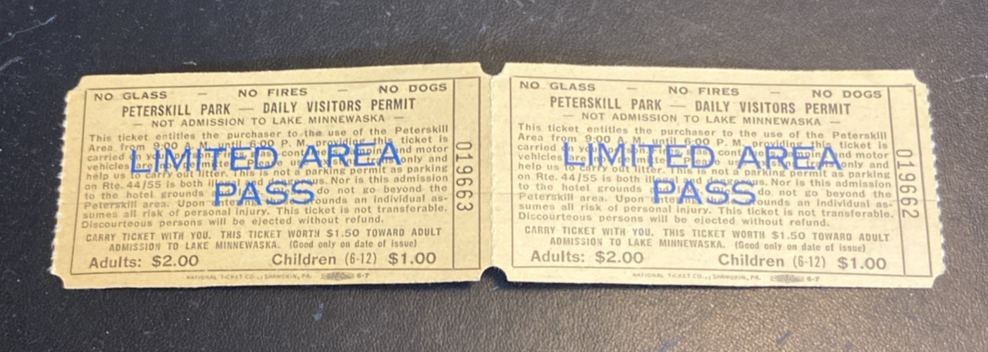 (2) ORIG 1984 PETERSKILL PARK NY - LIMITED AREA PASS - TICKETS - LAKE MINNEWASKA