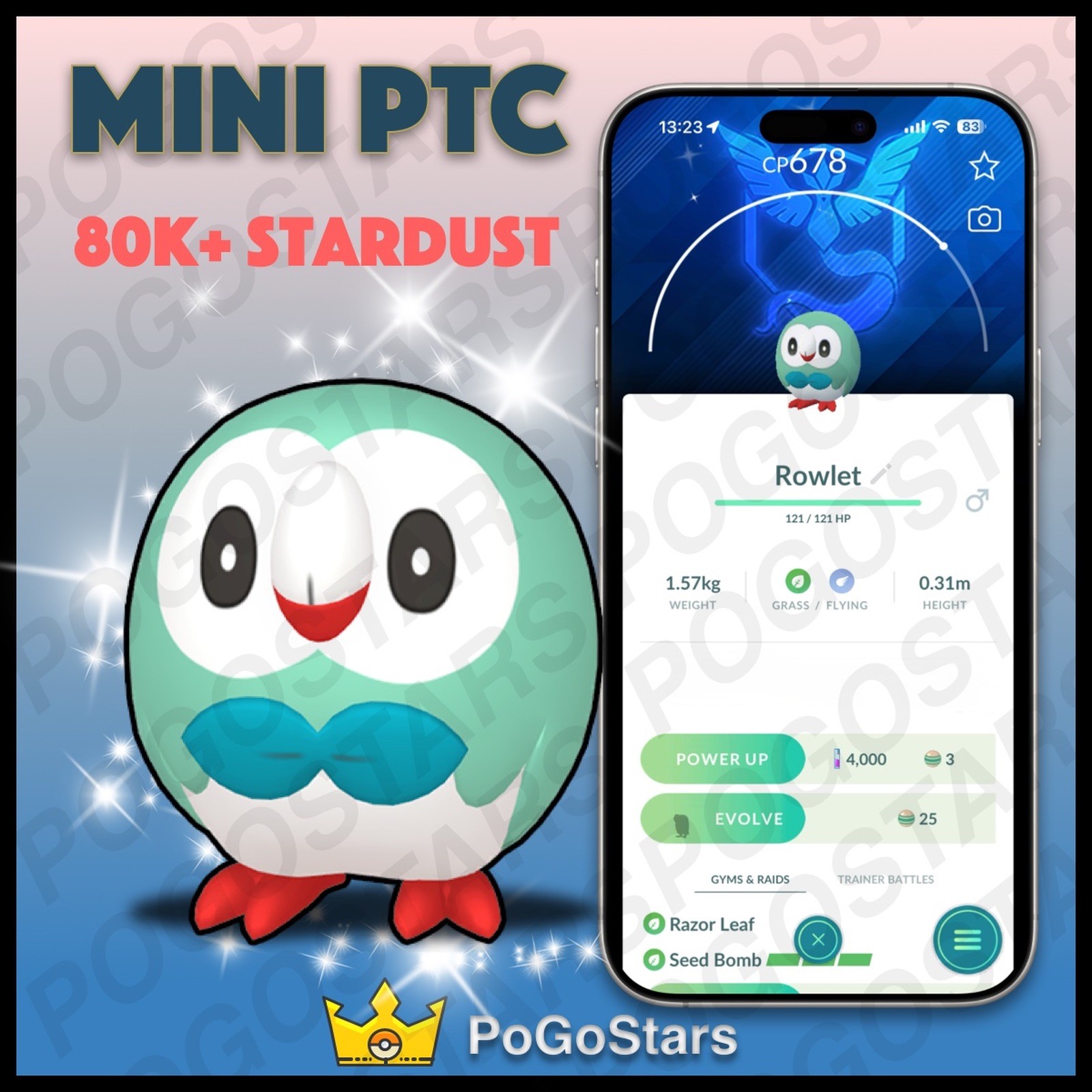 Pokémon PTC Go - Shiny Rowlet - Team Mystic✨Special Background✨