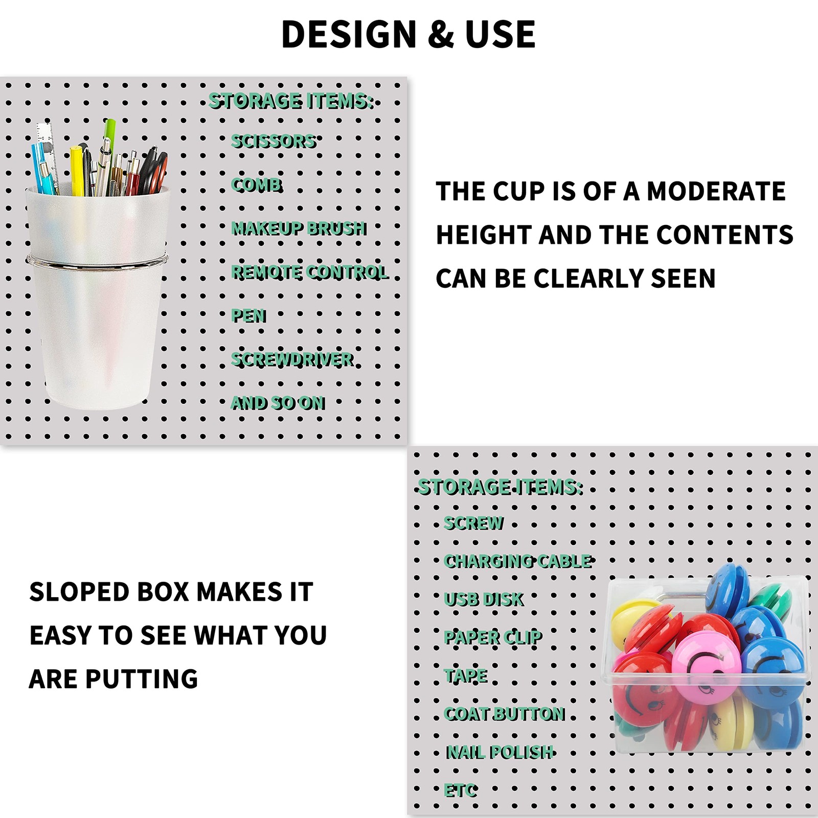 6 PCS Transparent Pegboard Bins Cups With Hooks Organizer Storage Sets