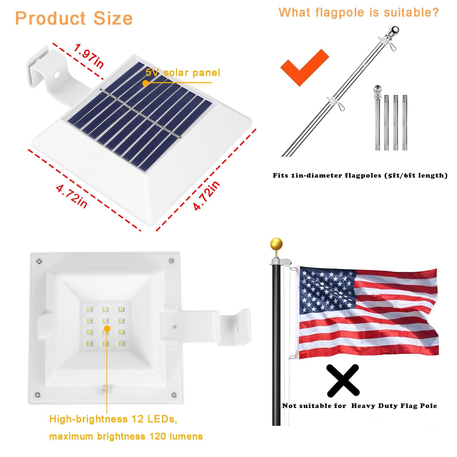 Solar Flag Pole Light, Bright White 6000k Flagpole Light Upgrade Solar Powere...