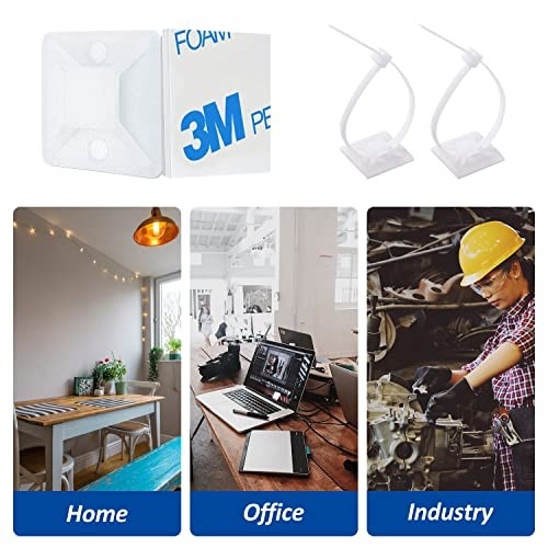 Strong Back-Glue Self Adhesive Cable Zip Tie Mounts Kit - Cable 50 Set White