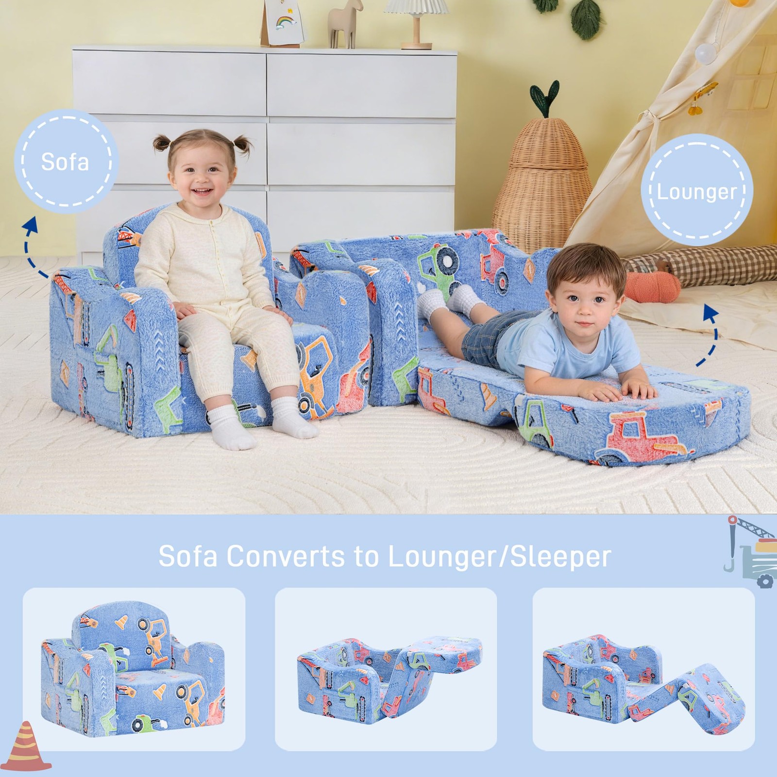 Thick Comfy Toddler Chair and Couch for Kids,2-in-1 Soft Plush Fold Out Sofa ...
