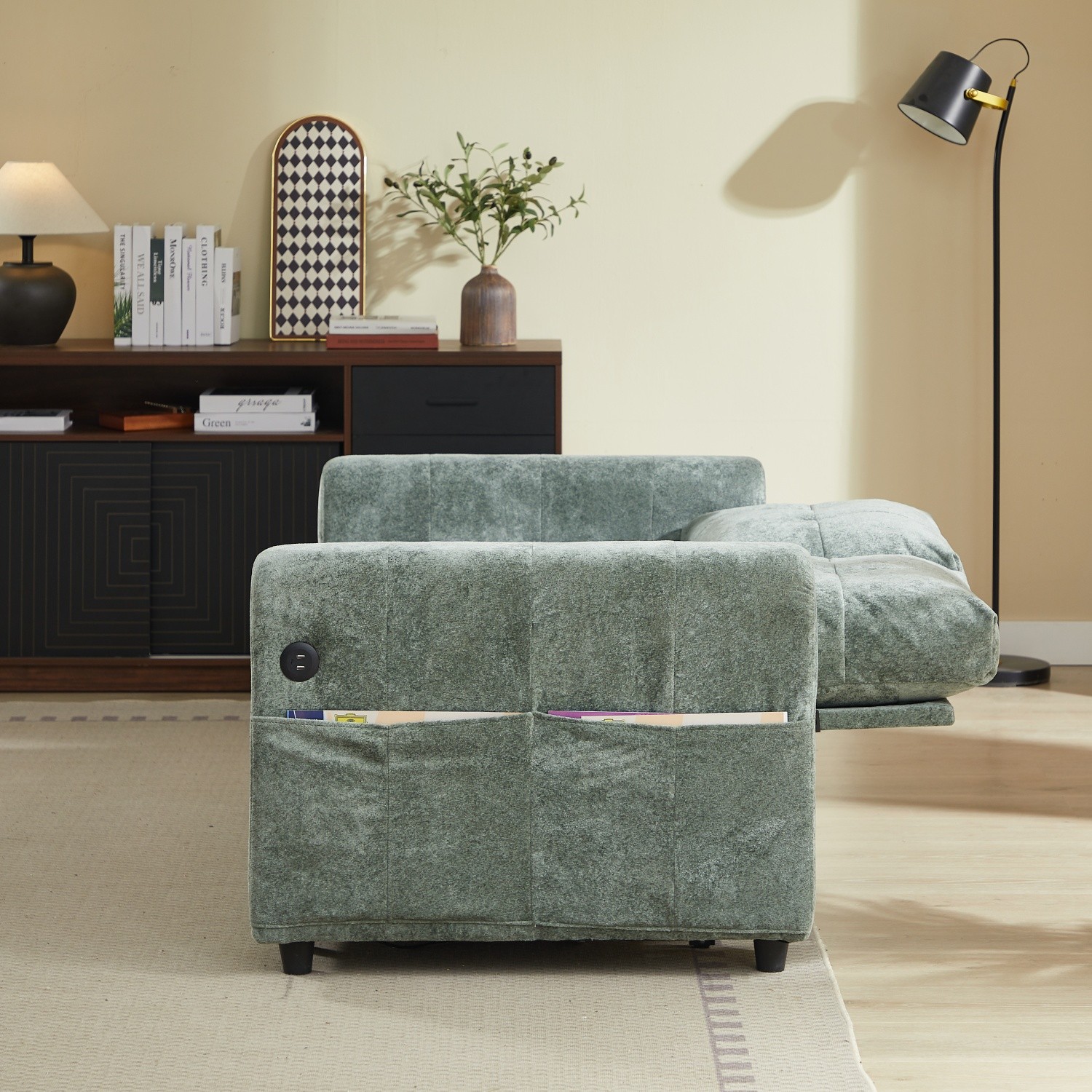 Chenille Sleeper Sofa Bed Loveseat Convertible with Pull Out Bed & USB Port