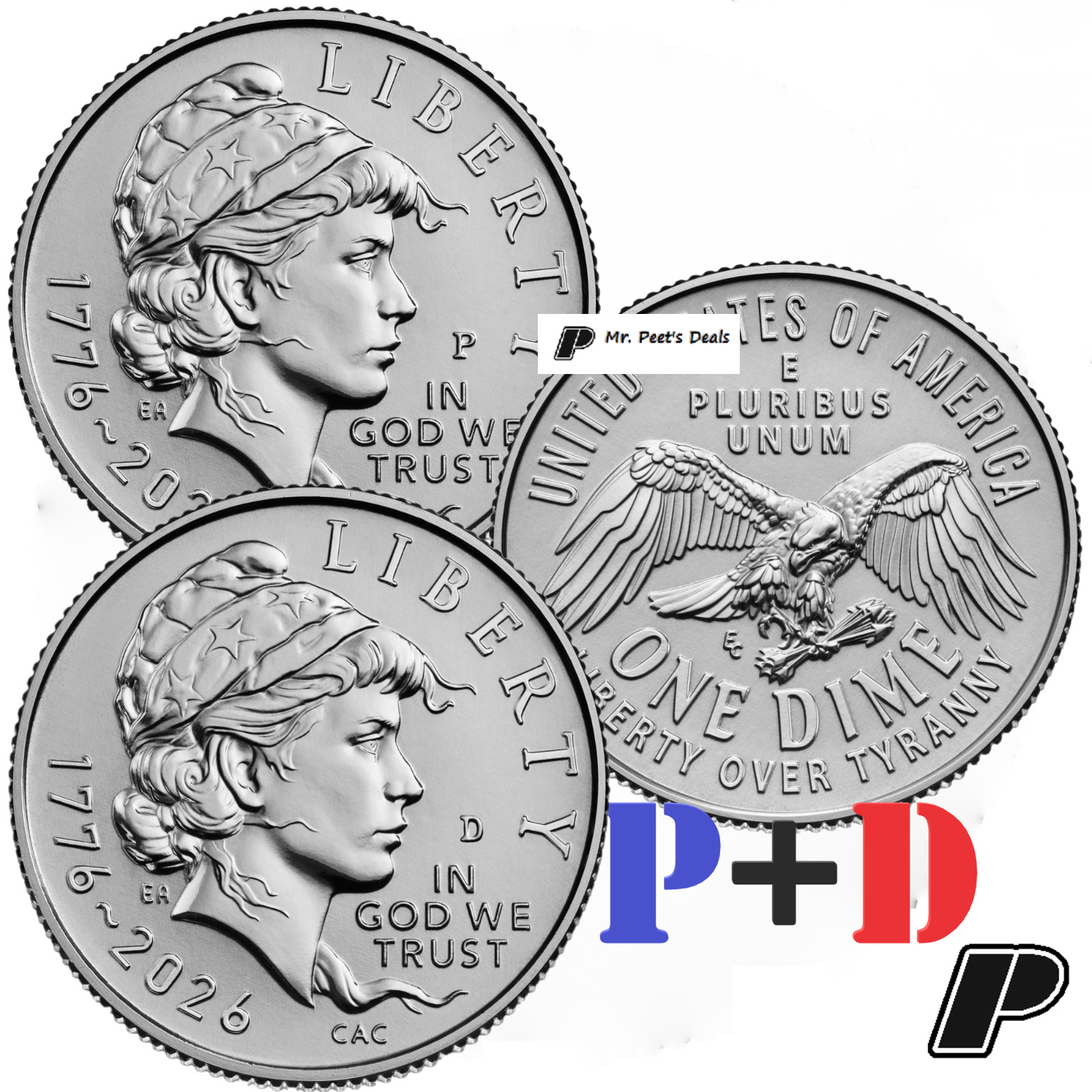 (2 COINS) 1776-2026 P&D SemiQ Emerging Liberty Dimes 10 Cents from OBW FED Rolls